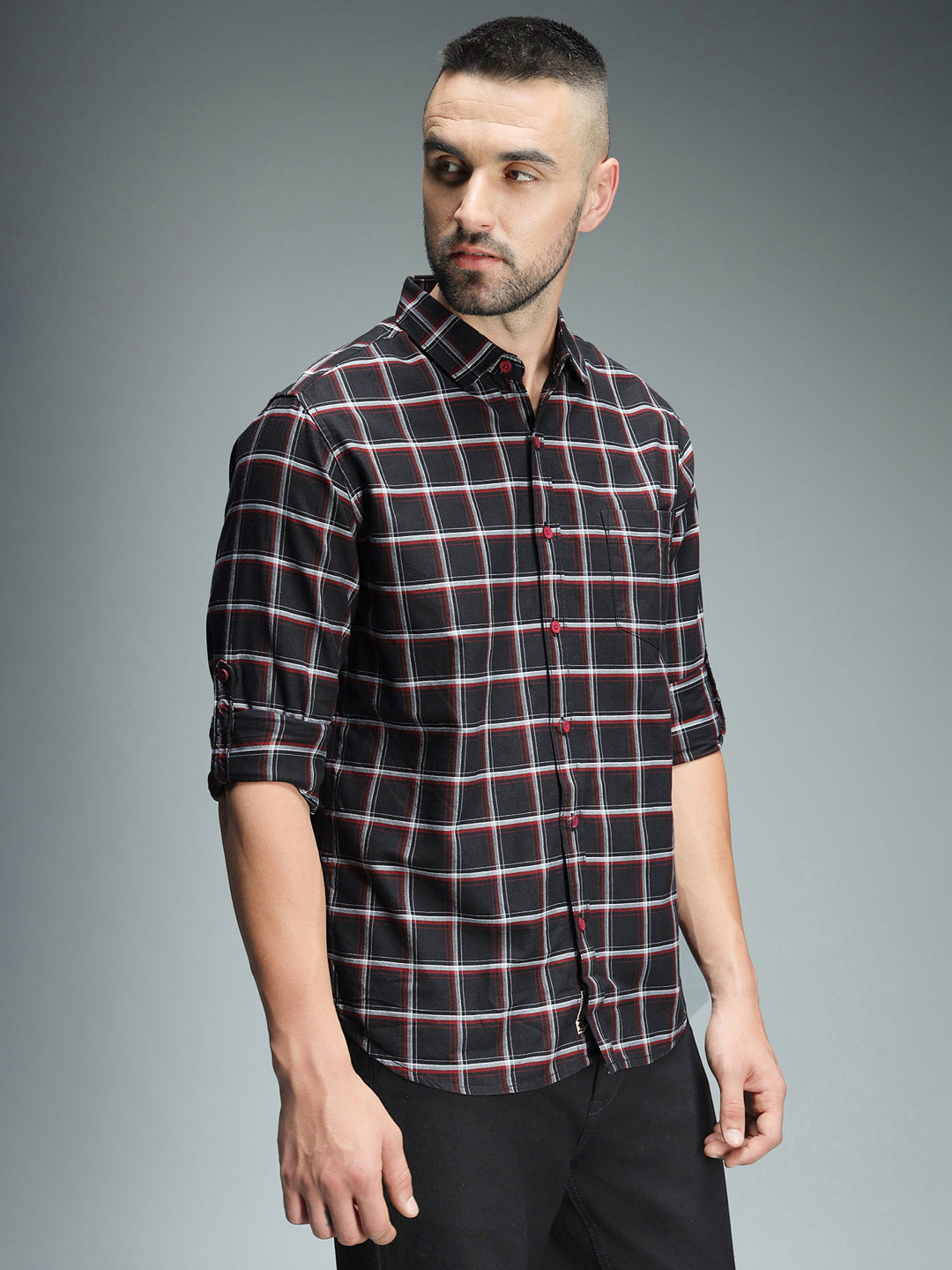 Classic Windowpane Checks Spread Collar Long Sleeves Cotton Casual Shirt