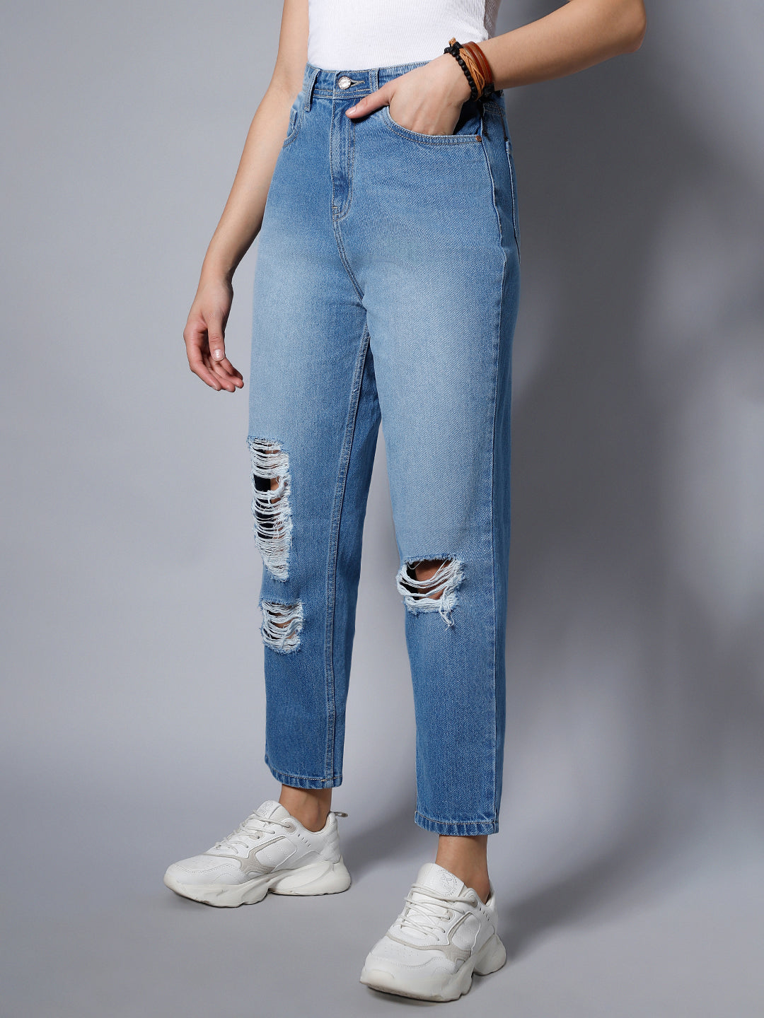 Women Blue High-Rise Slash Knee Light Fade Jeans