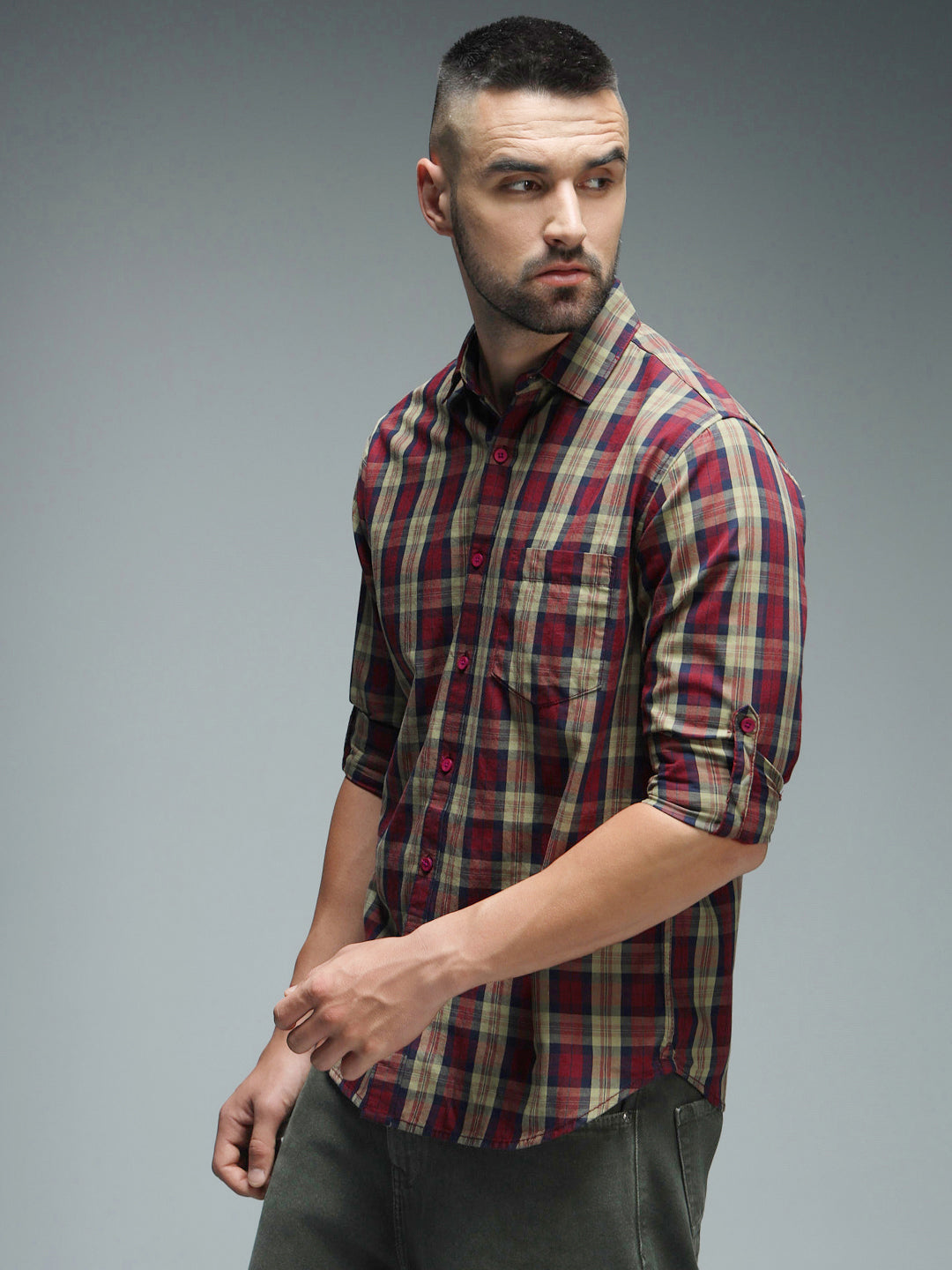 Classic Tartan Checks Spread Collar Long Sleeves Cotton Casual Shirt