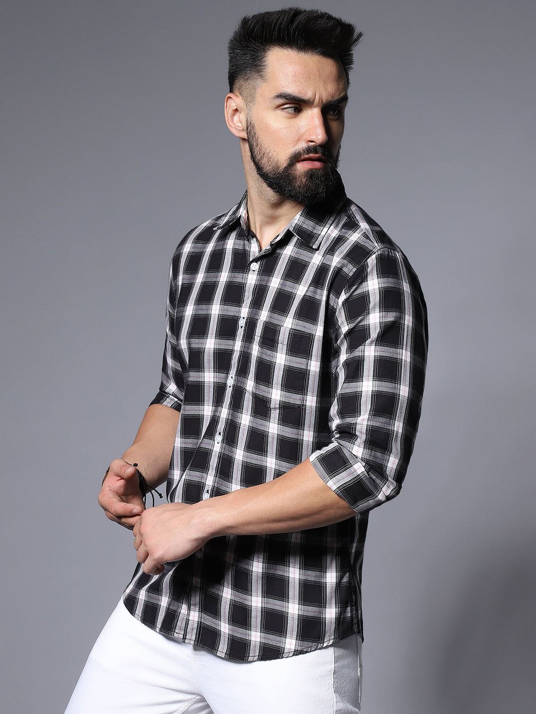 Checked Spread Collar Opaque Cotton Casual Shirt