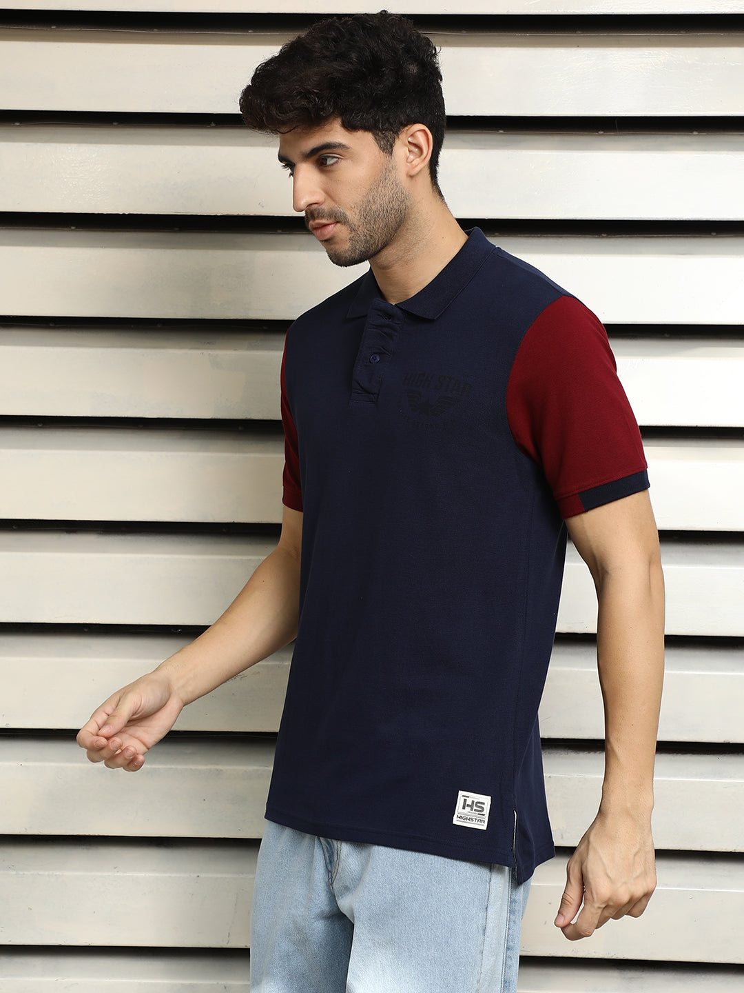 Men Polo Collar Applique Colorblocked Cotton T-shirt