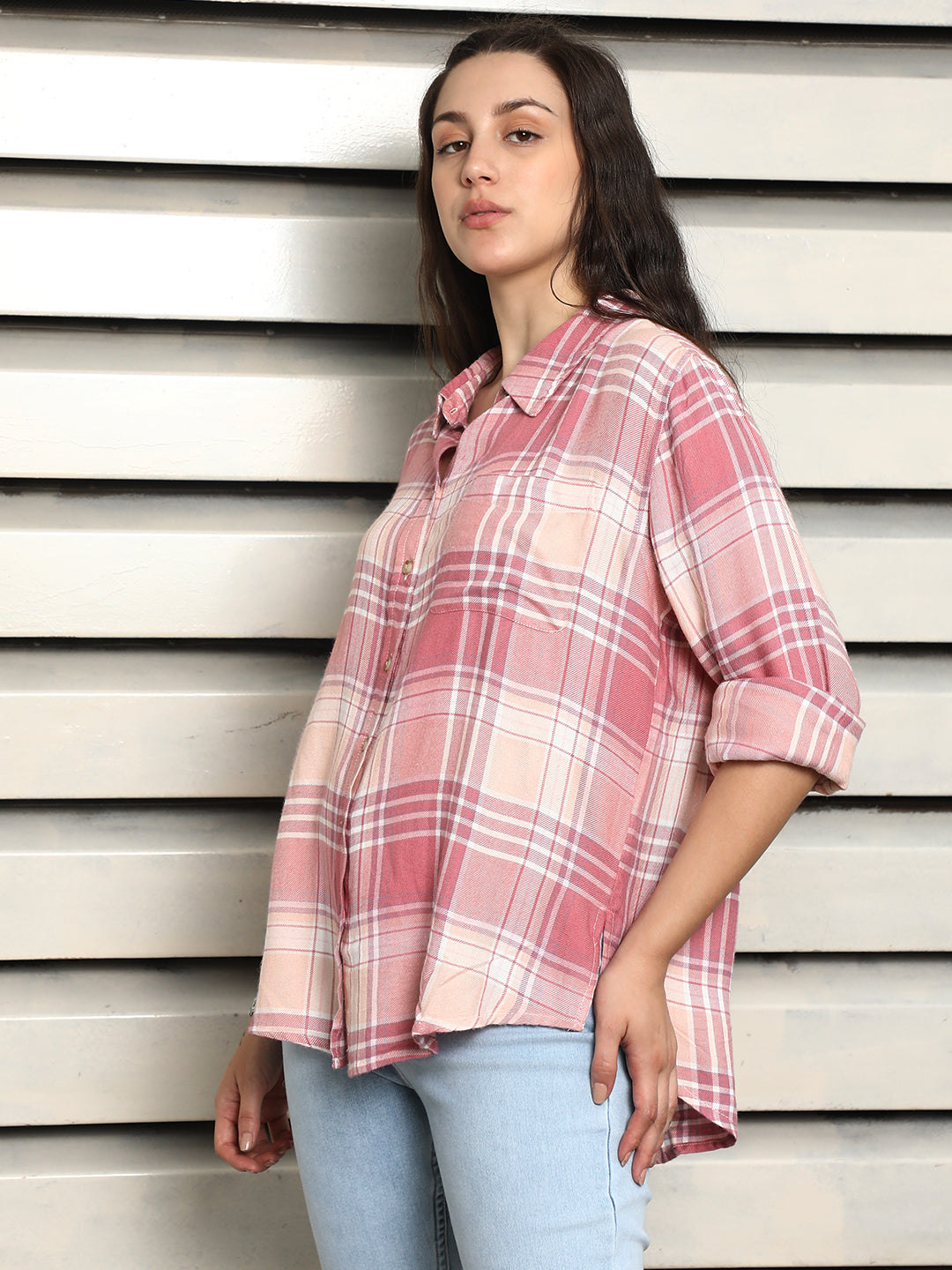 Classic Tartan Checks Spread Collar Cotton Oversized Casual Shirt