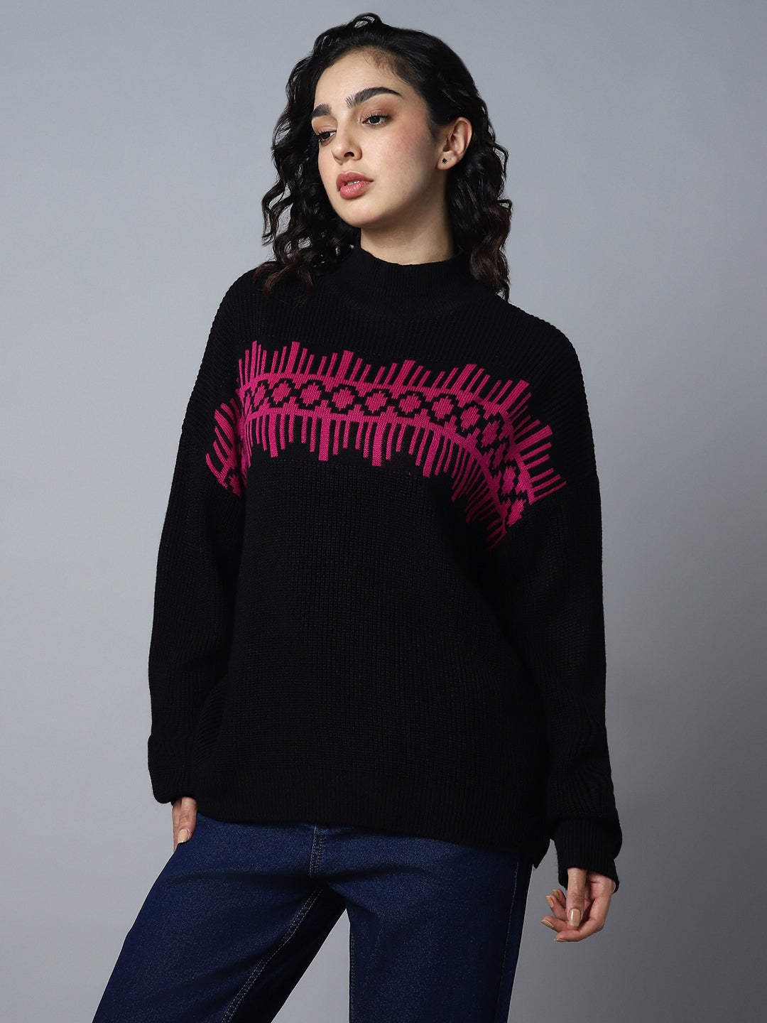 Geometric Printed Mock Collar Long Sleeve Acrylic Pullover Sweaters