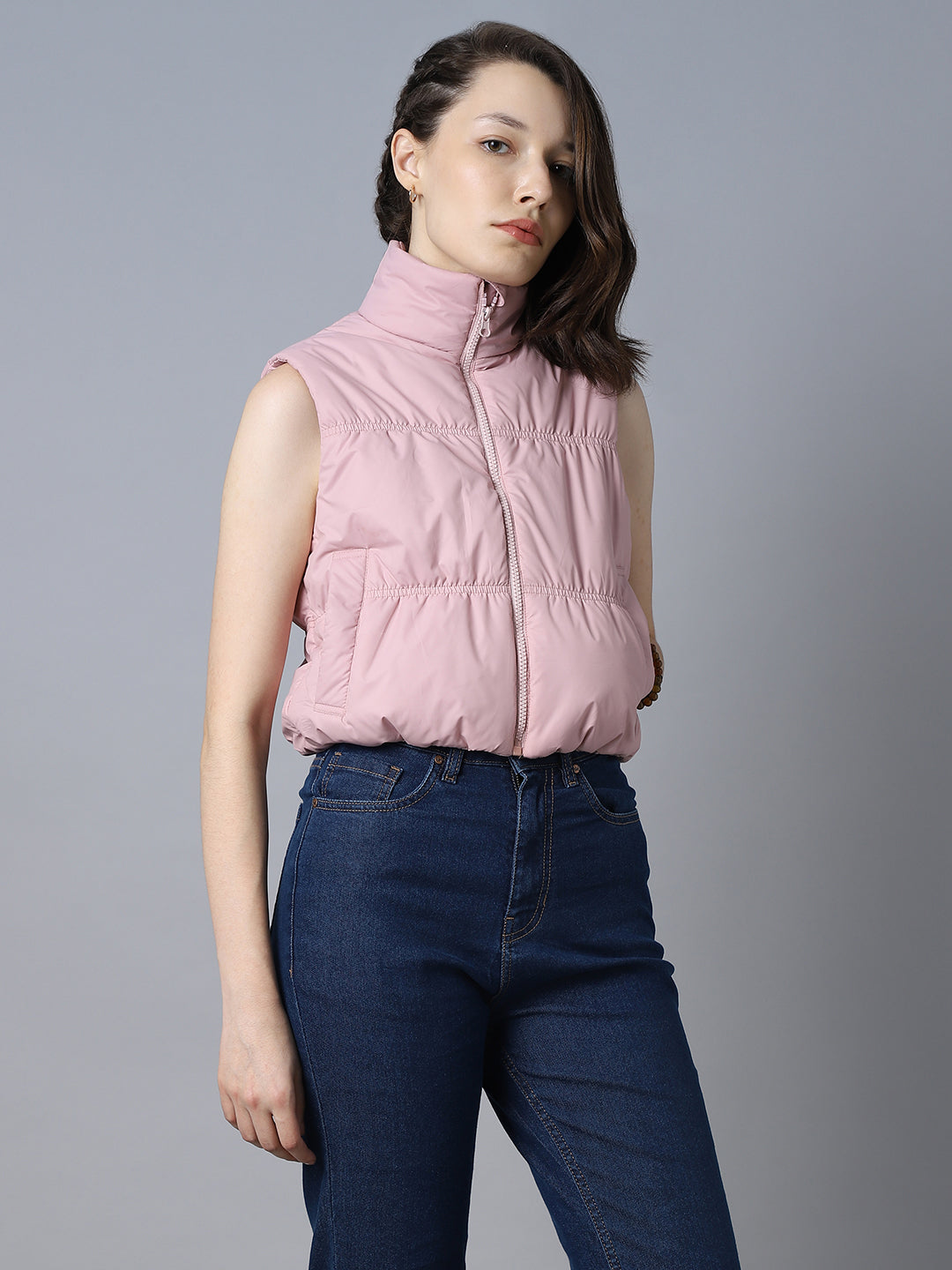 Mock Collar Sleeveless Crop Padded Jacket