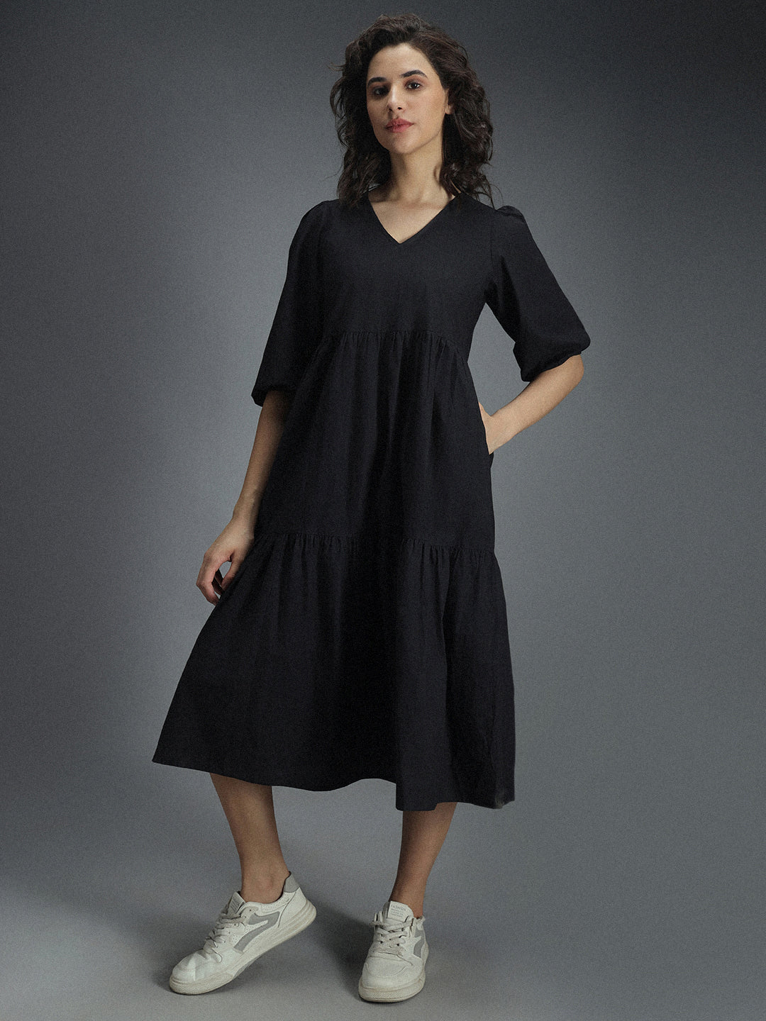 V-Neck Puff Sleeve Gathered Tiered Cotton A-Line Midi Dress