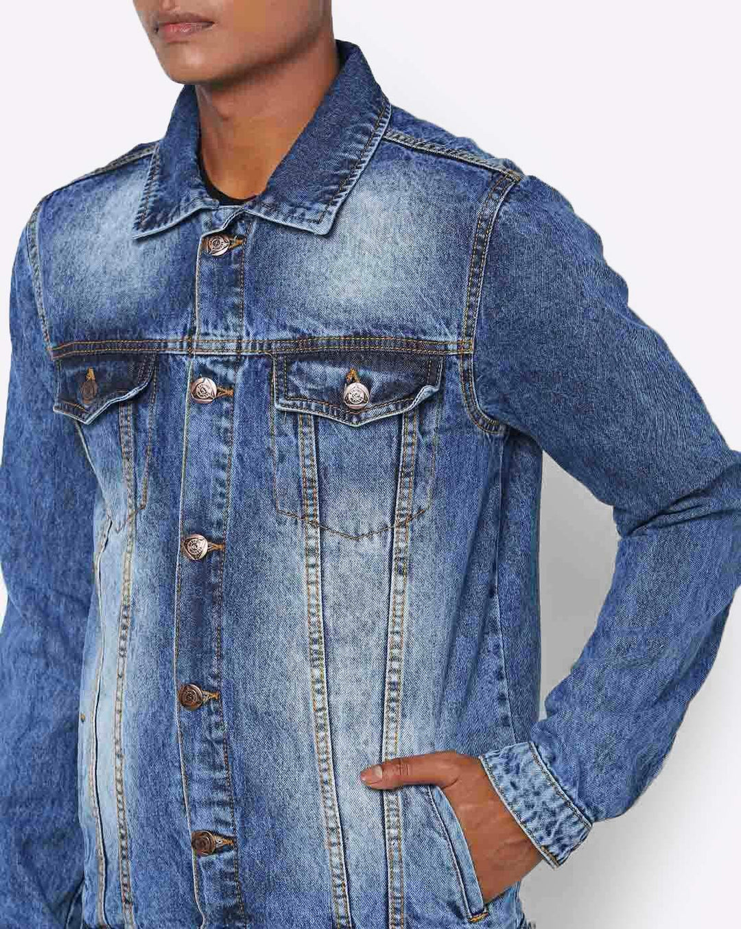 Washed Spread Collar Long Sleeves Denim Jacket