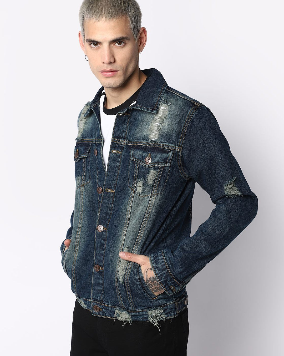 Washed Spread Collar Long Sleeves Denim Jacket