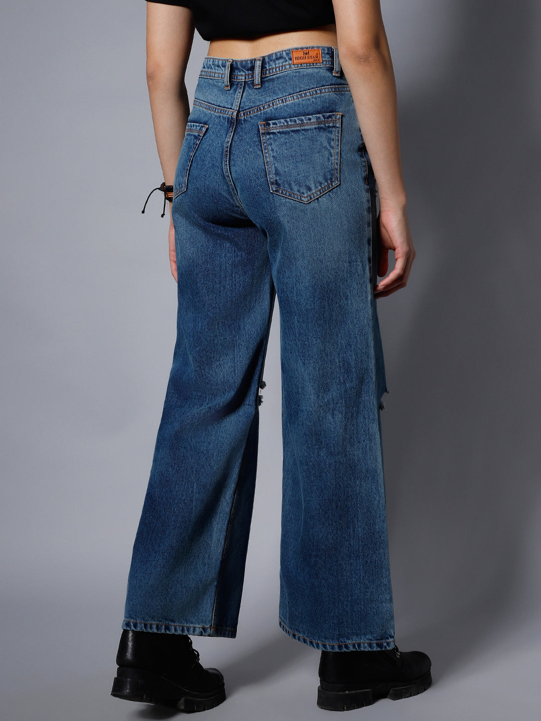 Women Blue Wide Leg High-Rise Slash Knee Light Fade Jeans