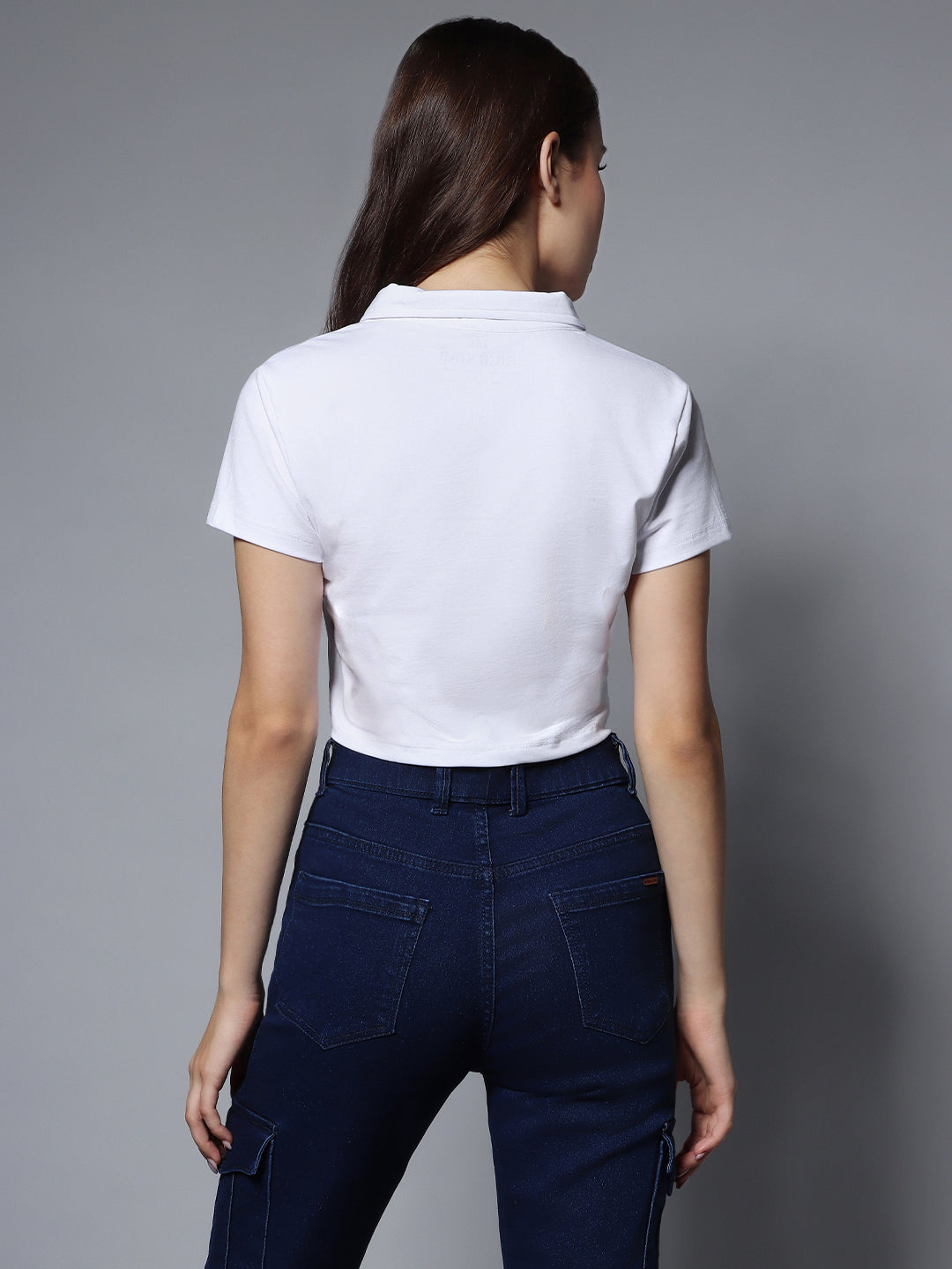 Shirt Collar Short Sleeves Solid Crop Top