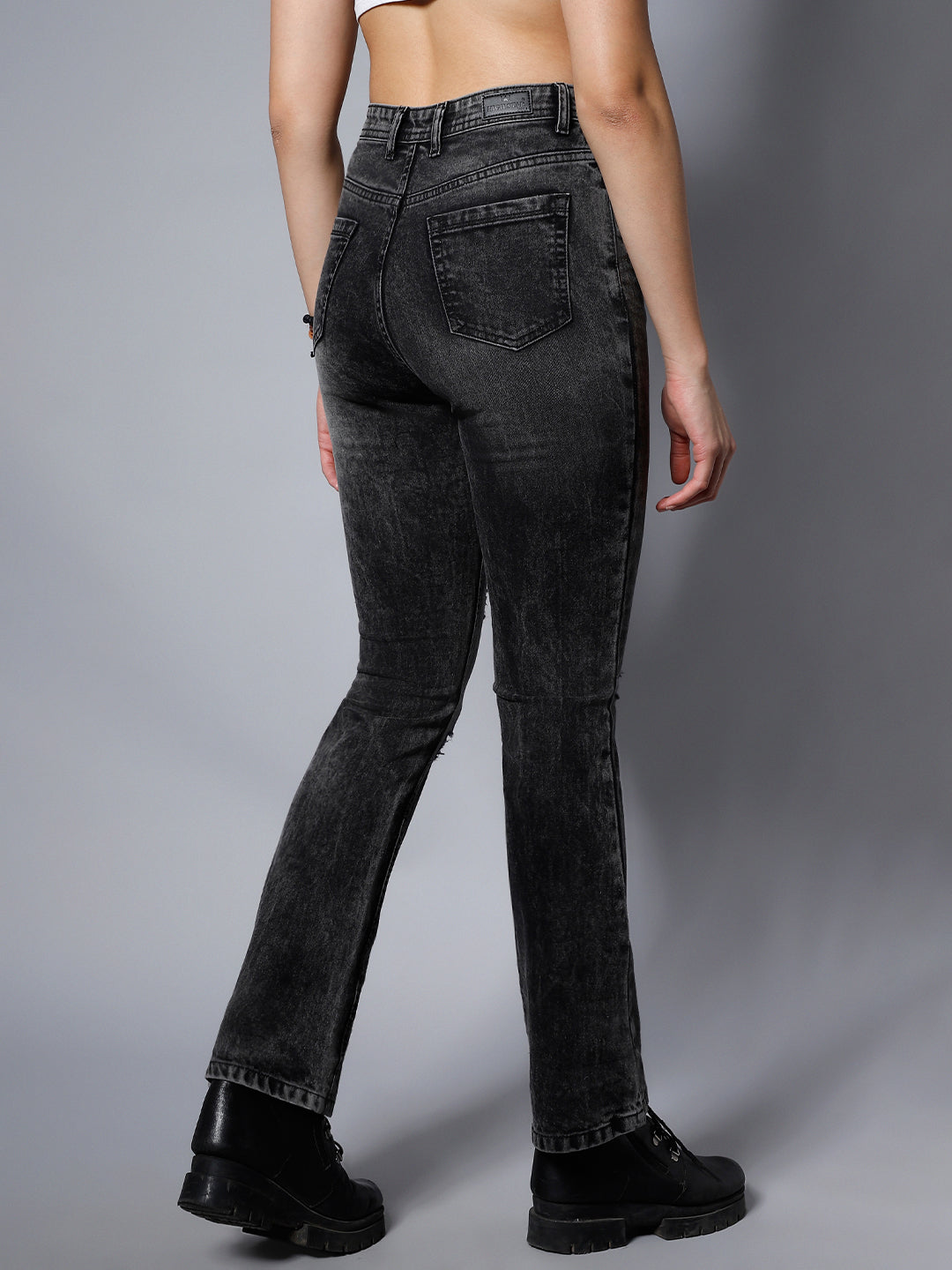 Women Black Bootcut High-Rise Slash Knee Light Fade Stretchable Jeans