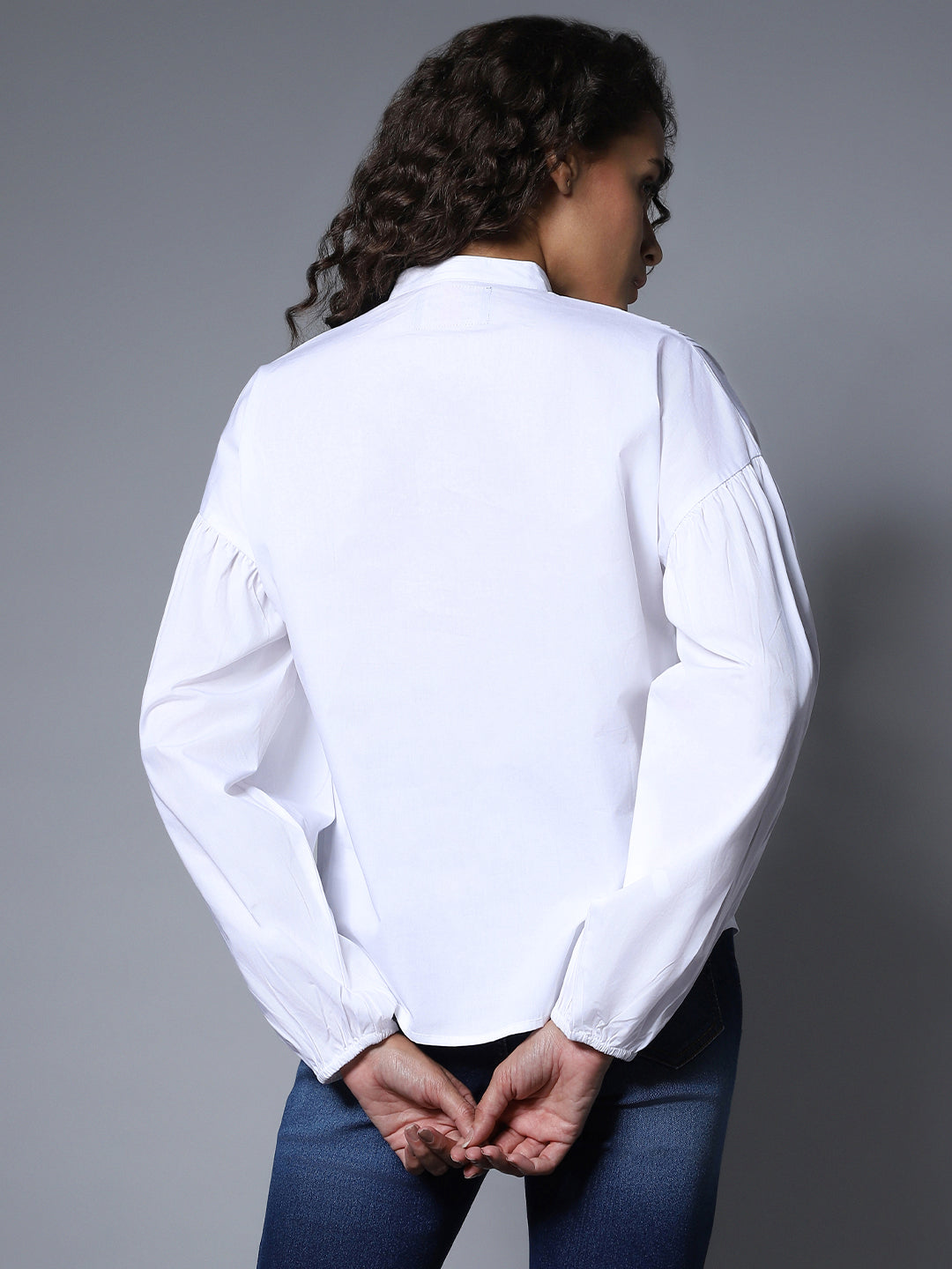 Cotton Mandarin Collar Long Sleeves Solid Boxy Regular Shirt