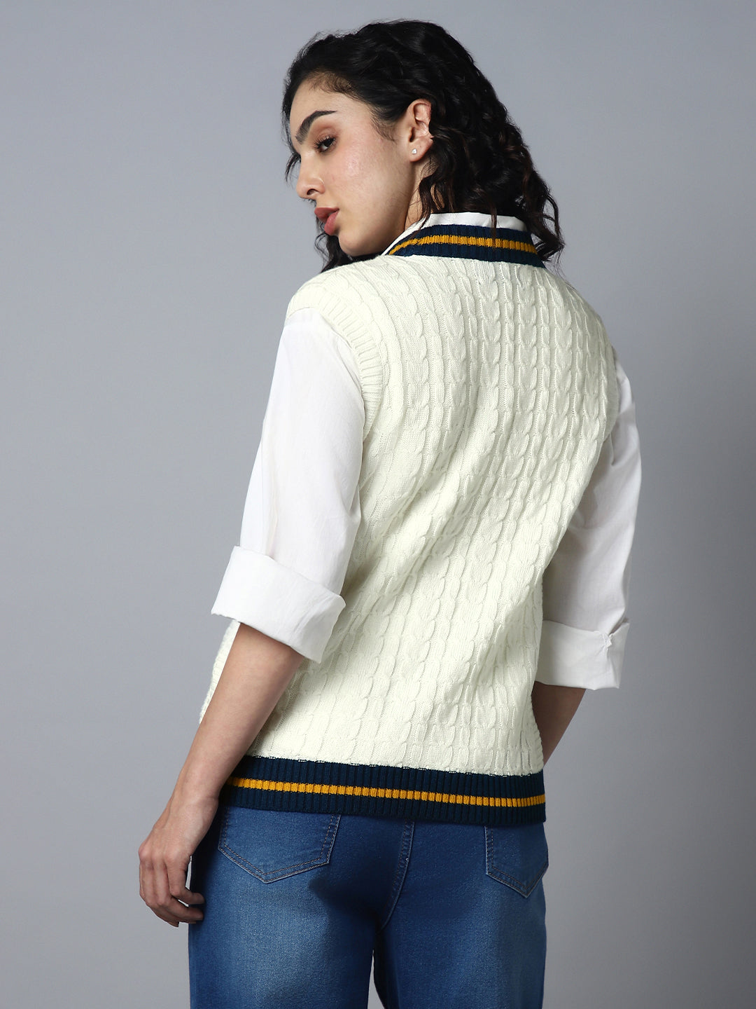 Cable Knit V-Neck Sleeveless Acrylic Sweater Vest