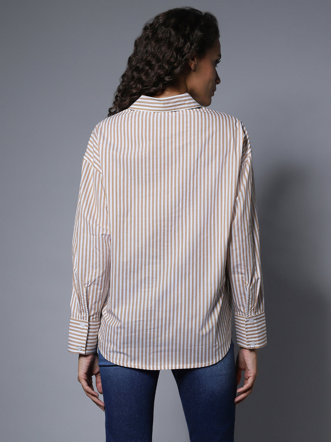 Classic Boxy Vertical Striped Spread Collar Long Sleeve Cotton Casual Shirt