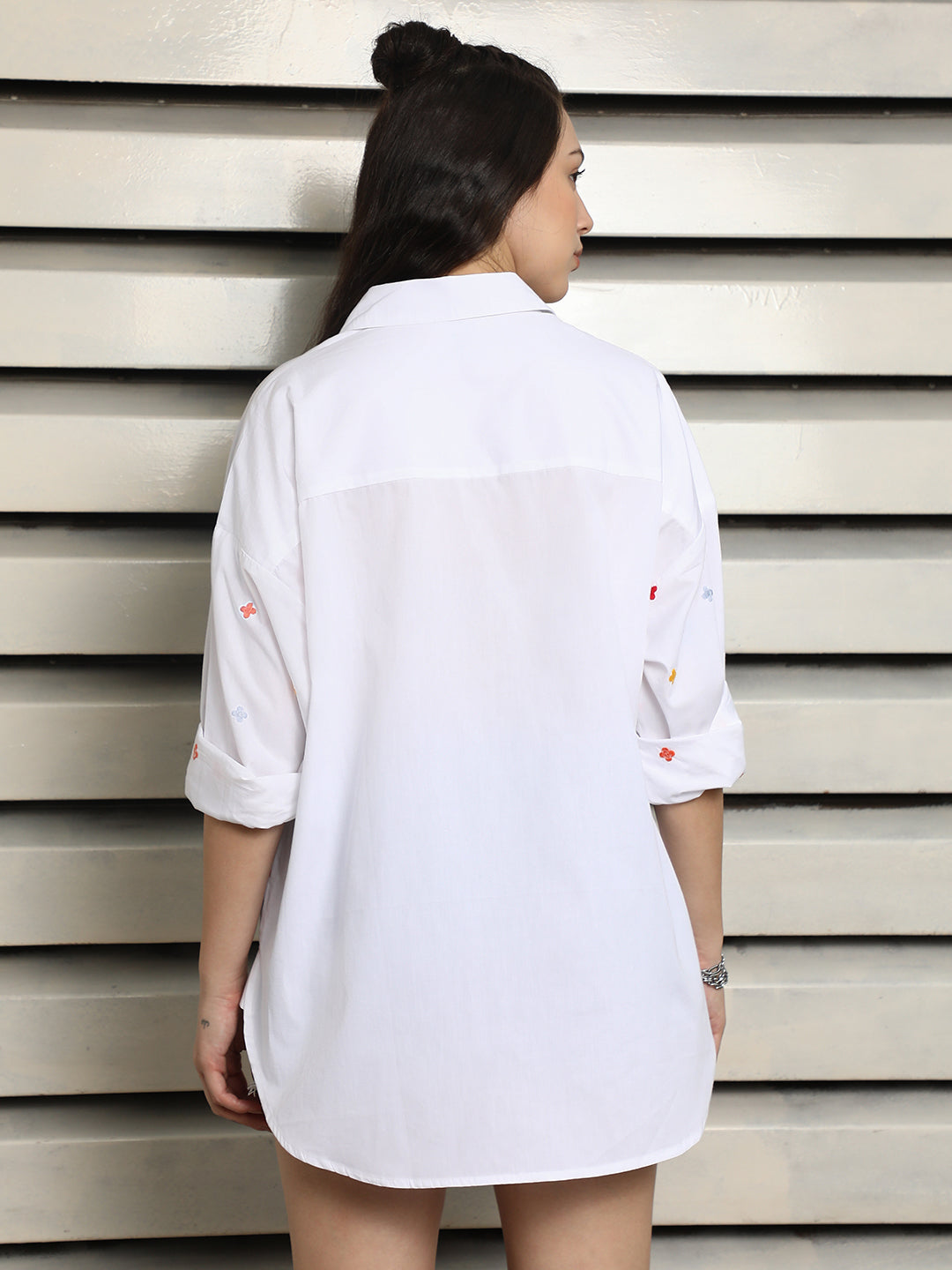 Classic Embroidered Drop Shoulder Sleeves Cotton Oversized Casual Shirt