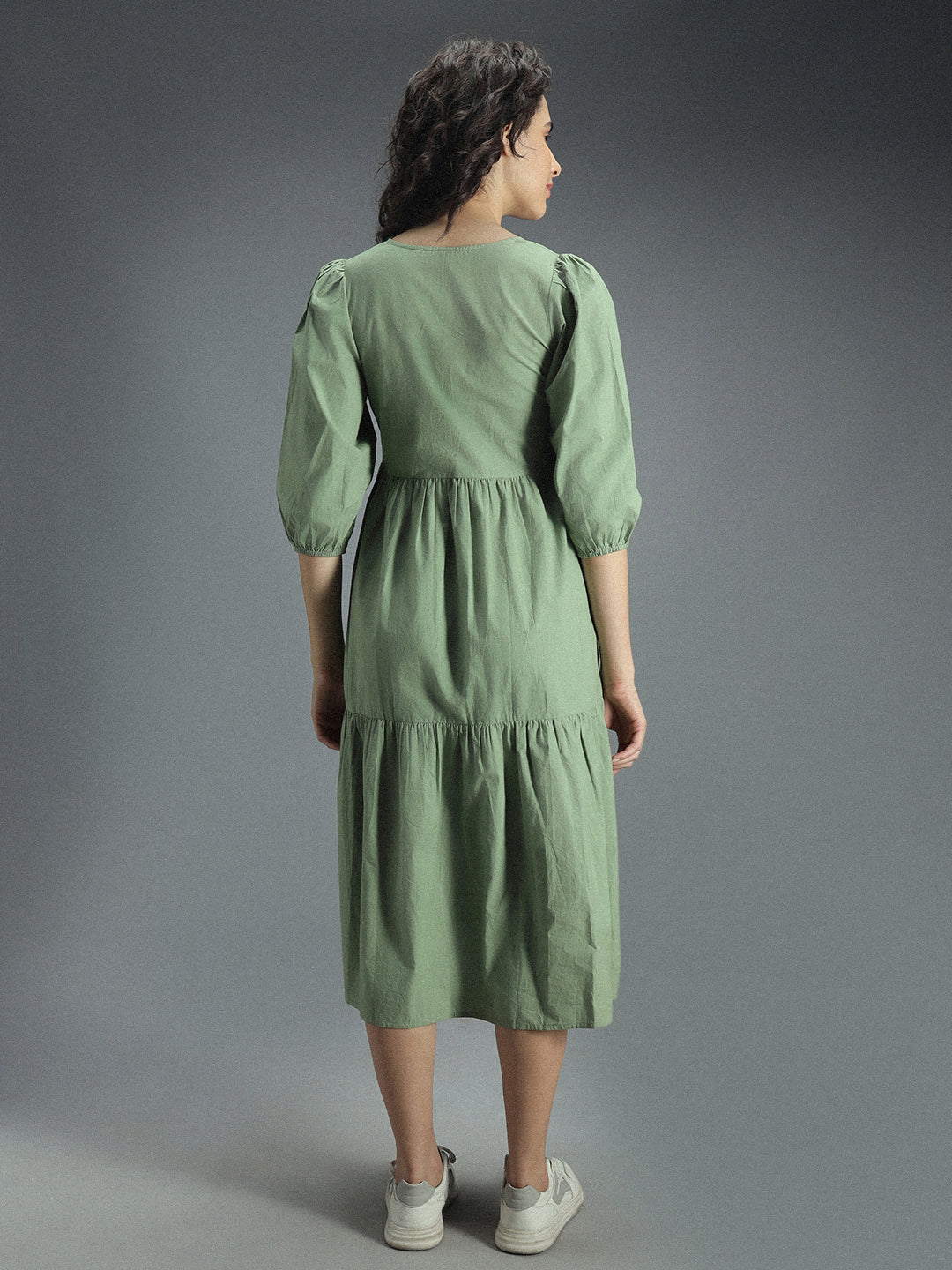 V-Neck Puff Sleeve Gathered Tiered Cotton A-Line Midi Dress