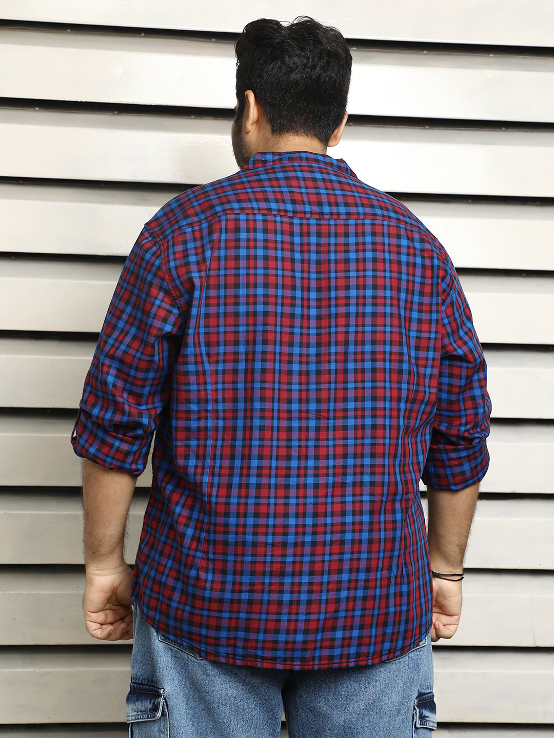 Plus Size Men Mandarin Collar Checked Casual Shirt