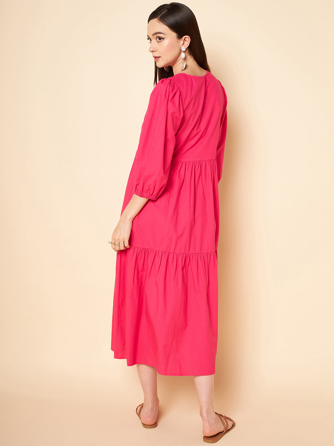 V-Neck Puff Sleeve Fit  Flare Midi Dress