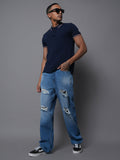 Men Wide Leg Mid-Rise Highly Distressed Light Fade Cotton Jeans