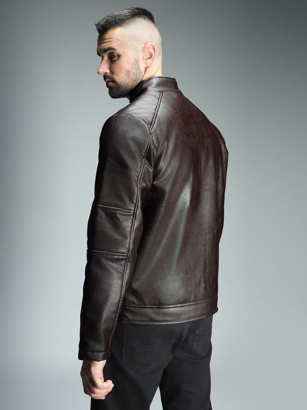 Men Brown Band Collar Biker Jacket