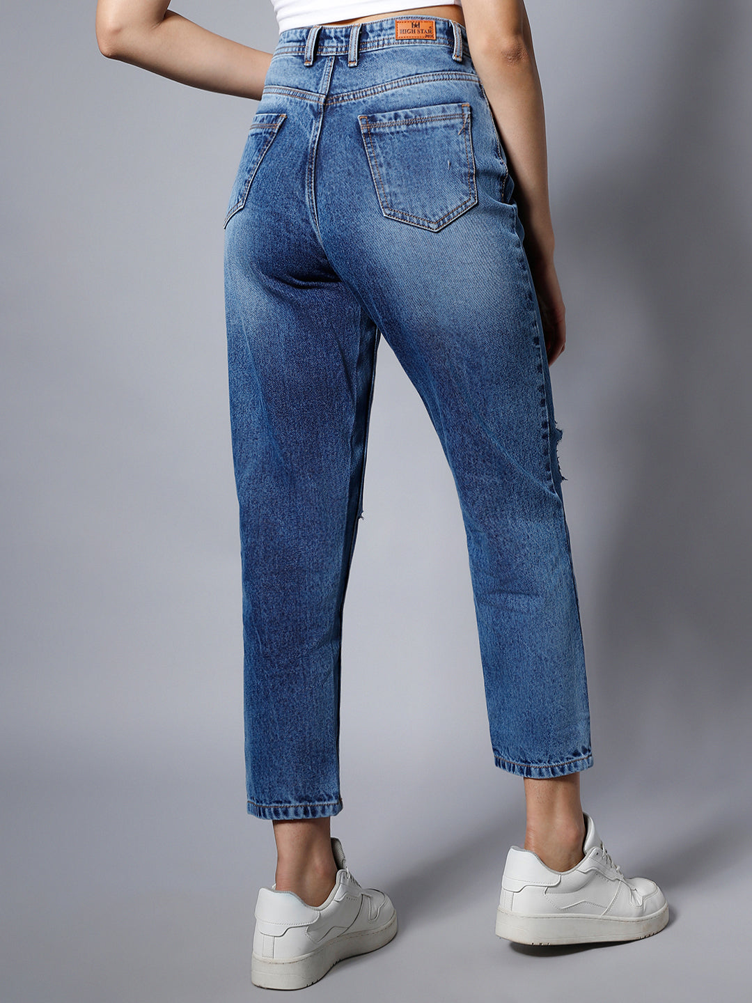 Women Blue High-Rise MOM Fit Slash Knee Light Fade Jeans