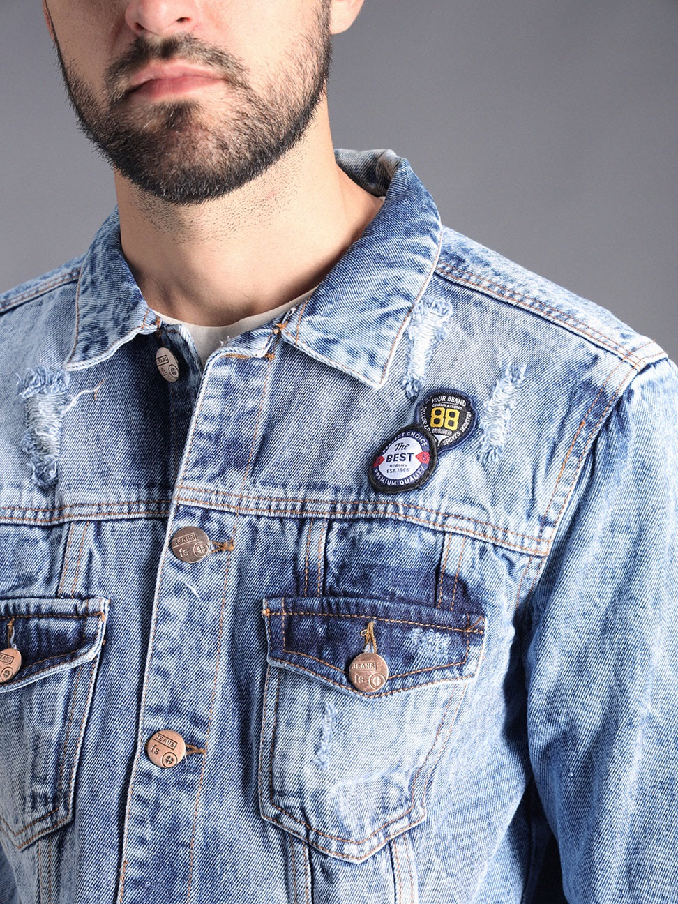 Washed Spread Collar Patchwork Cotton Denim Jacket