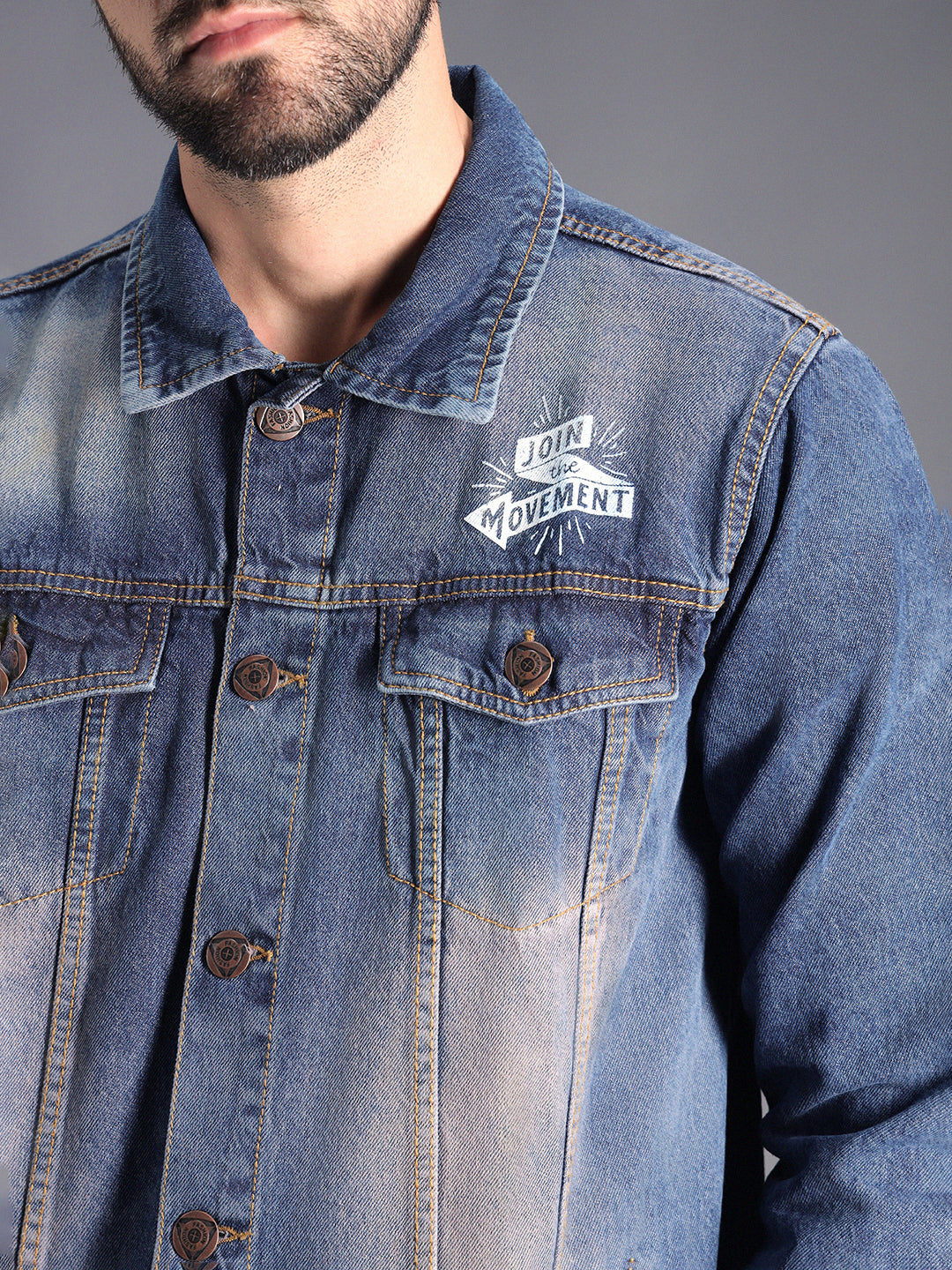 Washed Spread Collar Long Sleeves Denim Jacket