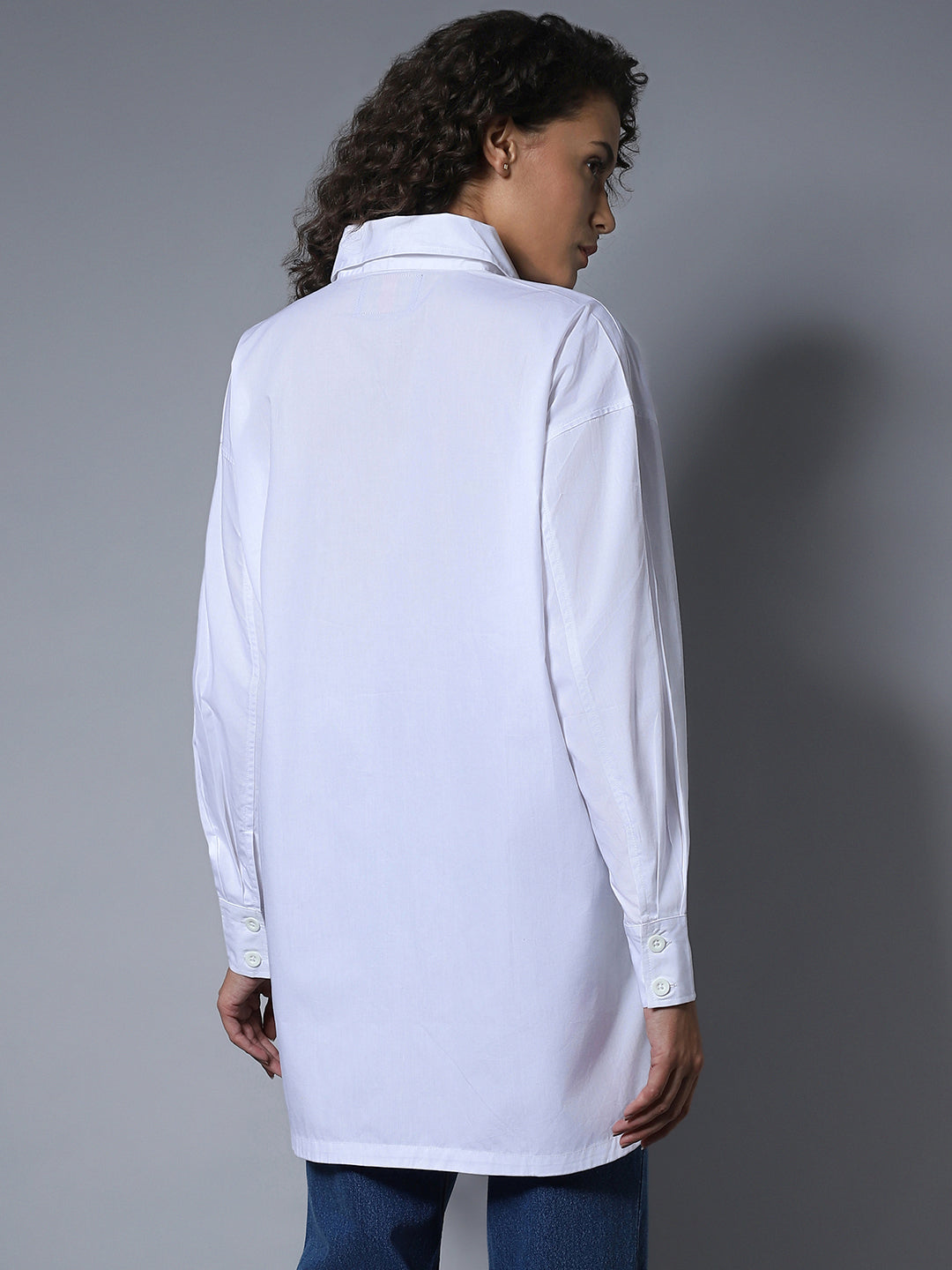 Cotton Spread Collar Long Sleeves Solid oversized longline Shirt