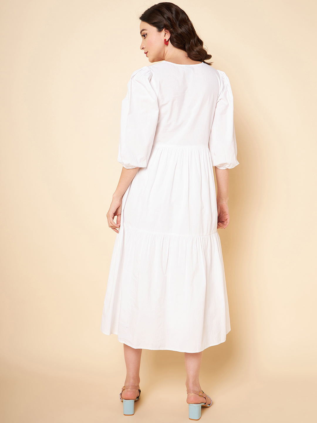 Puff Sleeves Tiered Pure Cotton Fit  Flare Midi Dress