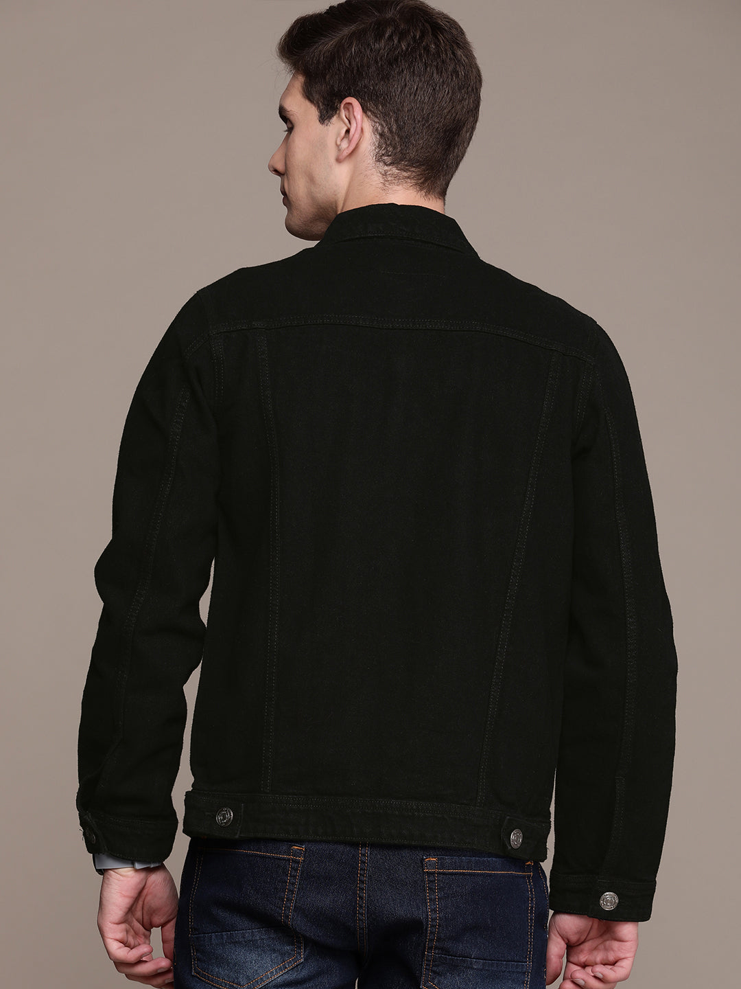 Men Black Solid Denim Jacket