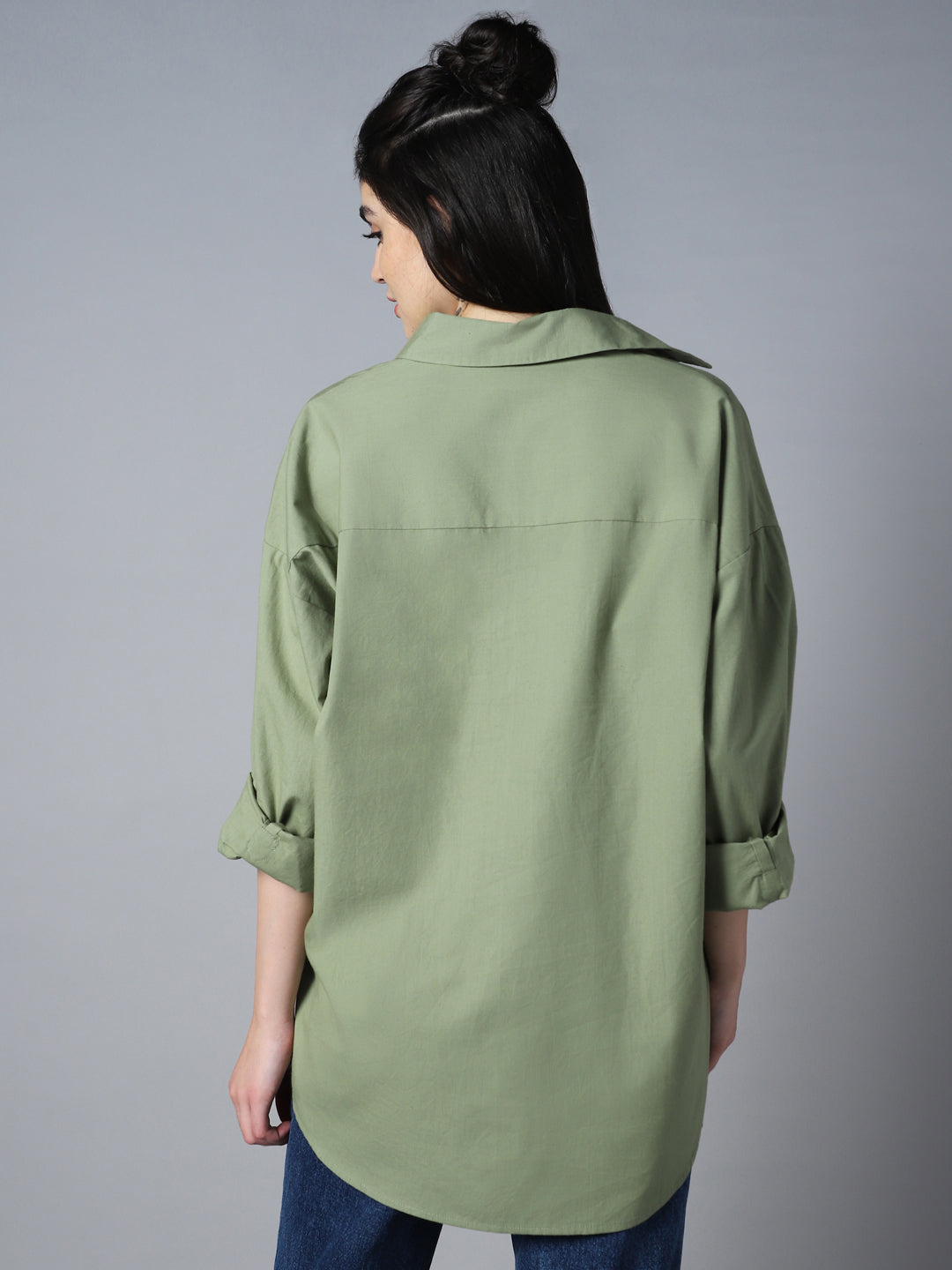 Relaxed Oversized Spread Collar Long Sleeve Cotton Longline Casual Shirt