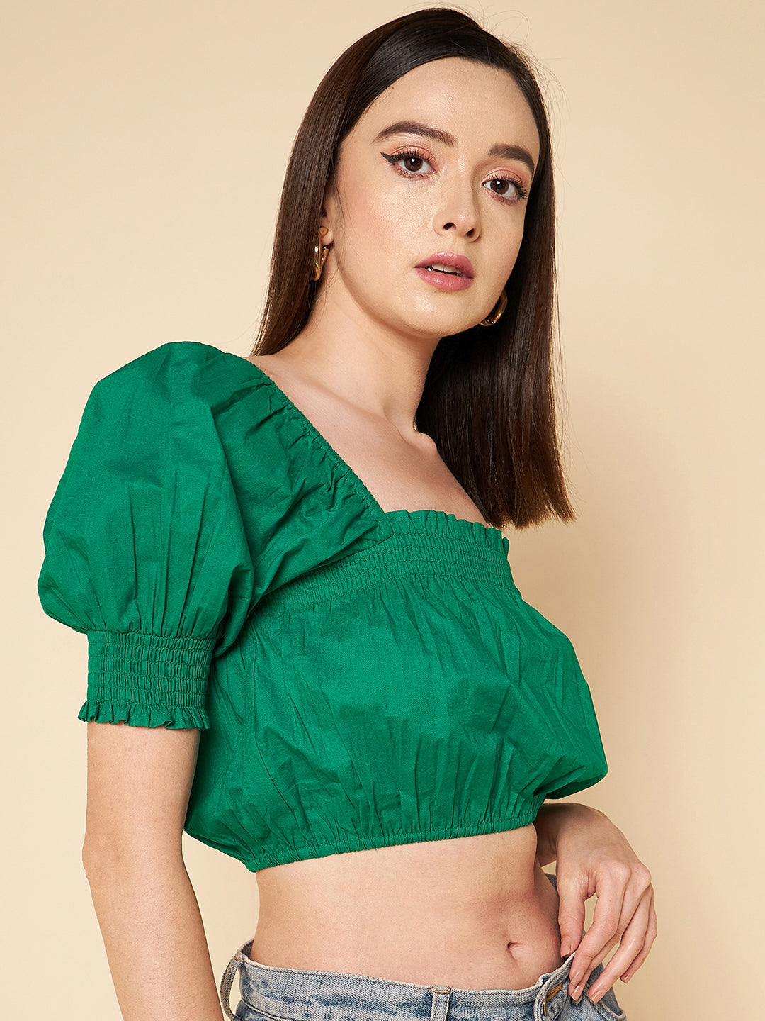 Square Neck Puff Sleeves Pure Cotton Crop Blouson Top