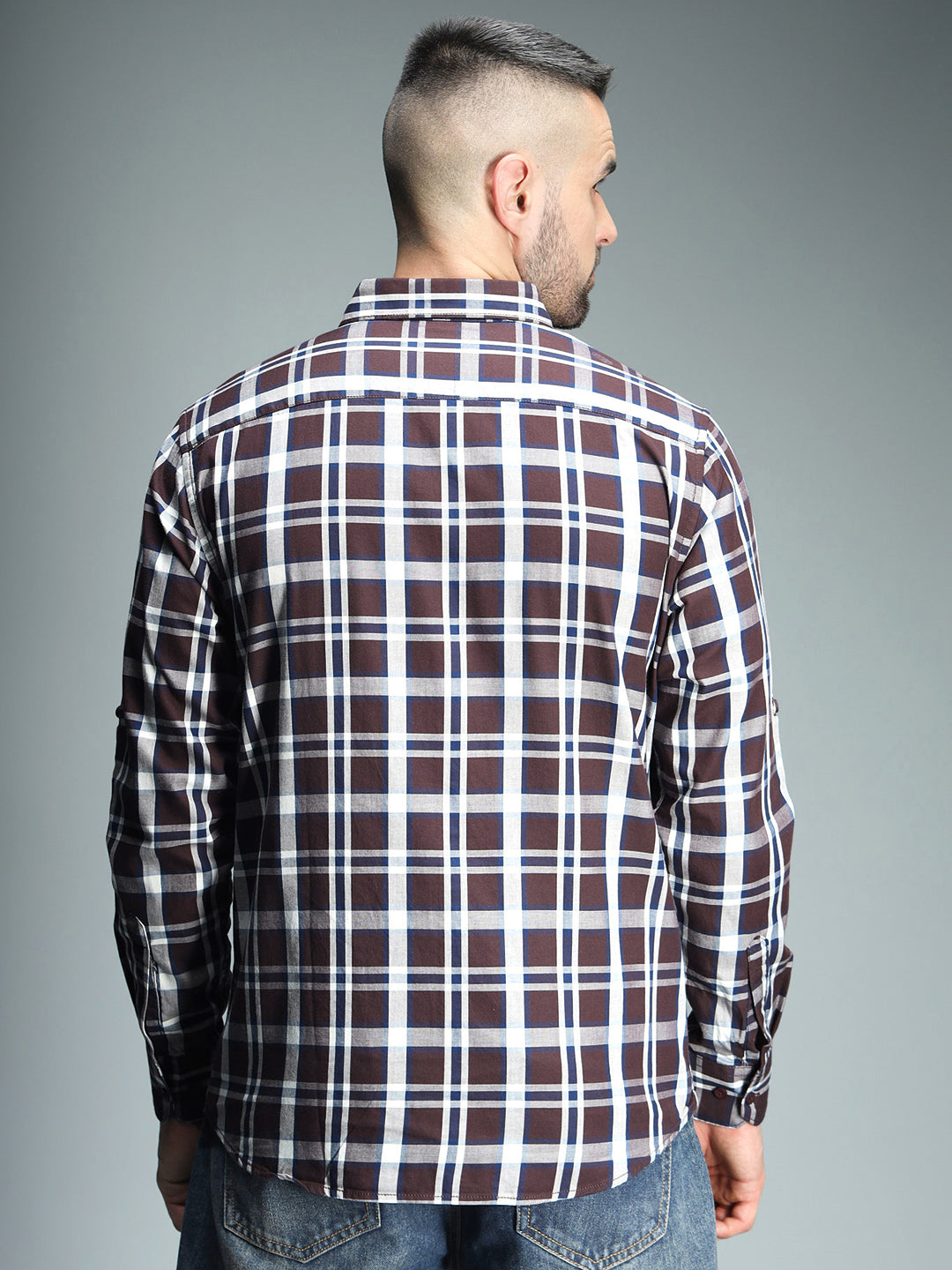 Classic Tartan Checks Spread Collar Long Sleeves Cotton Casual Shirt