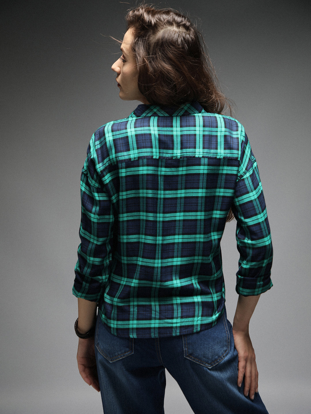 Standard Tartan Checks Spread Collar Long Sleeves Cotton Casual Shirt