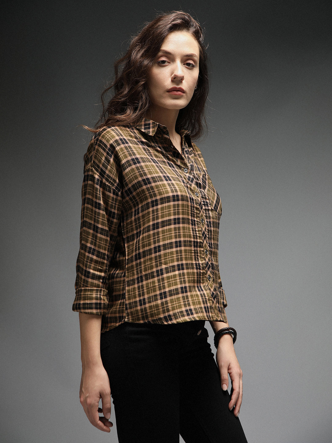 Standard Tartan Checks Spread Collar Long Sleeves Cotton Casual Shirt