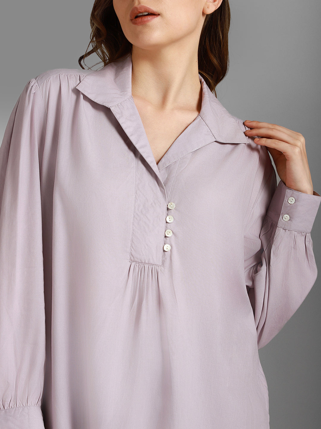 Shirt Collar Cuffed Sleeves Cotton Longline Shirt Style Tops