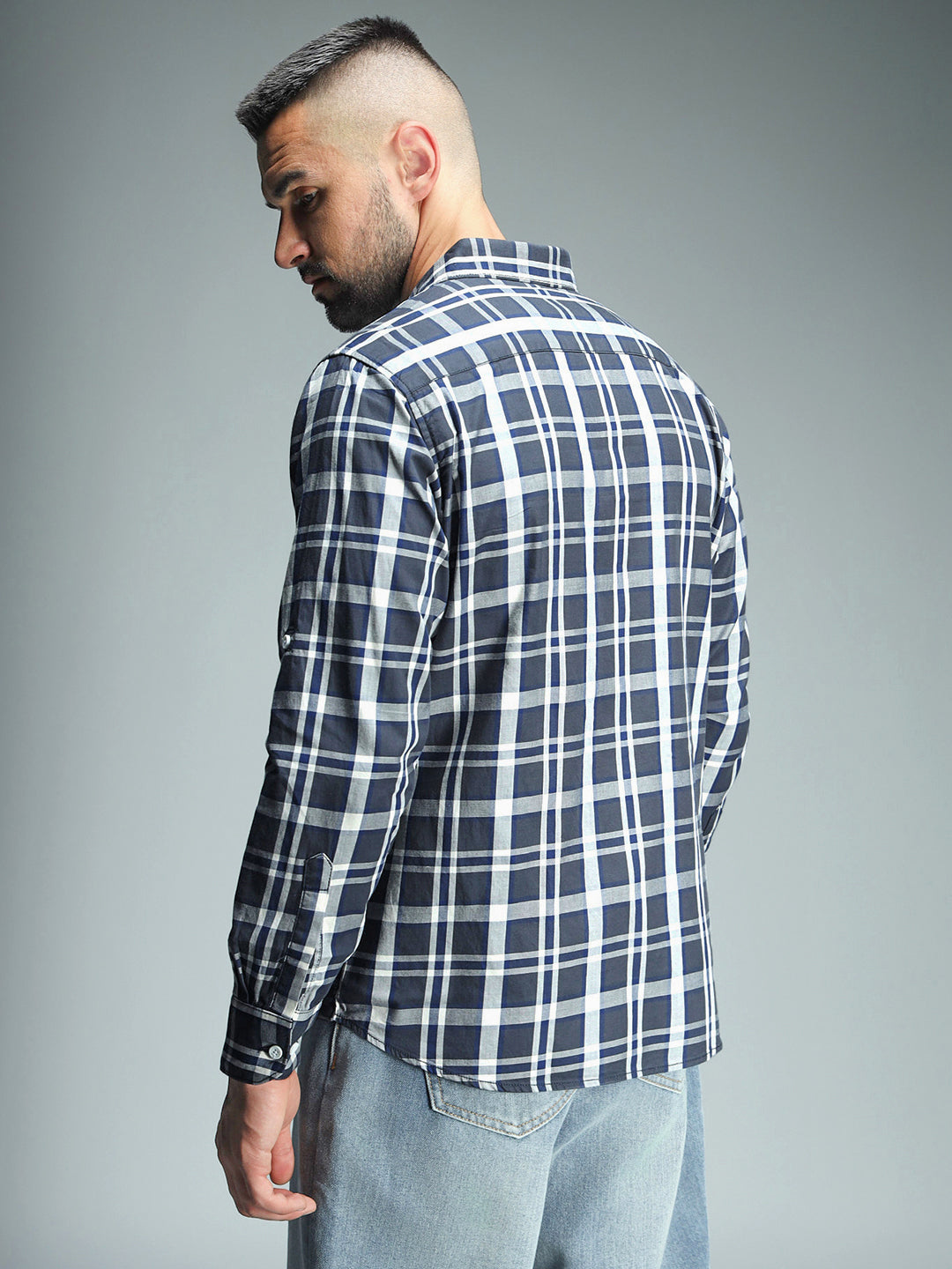 Classic Tartan Checks Spread Collar Long Sleeves Cotton Casual Shirt