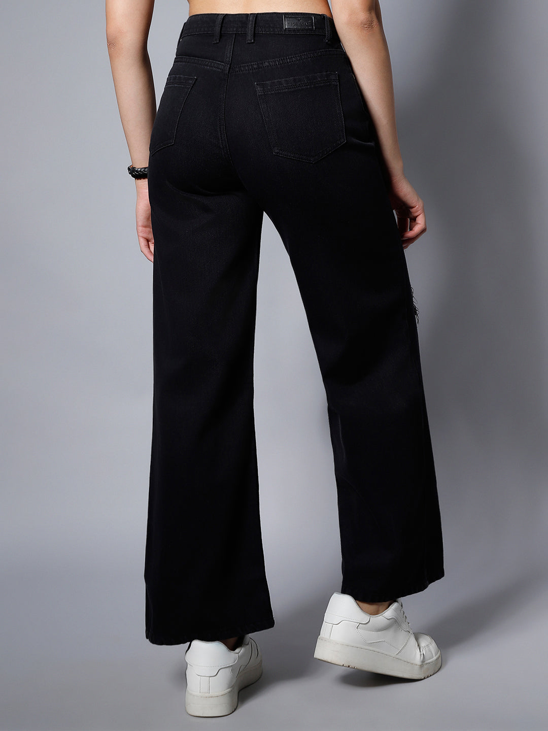 Women Black Wide Leg High-Rise Slash Knee Jeans