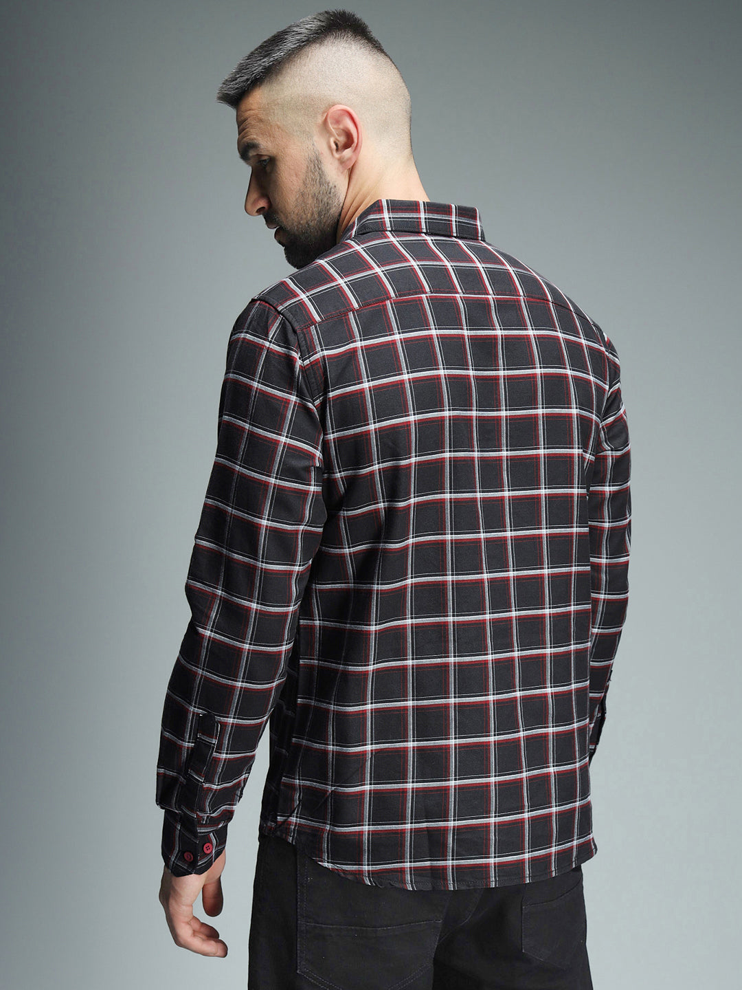 Classic Windowpane Checks Spread Collar Long Sleeves Cotton Casual Shirt