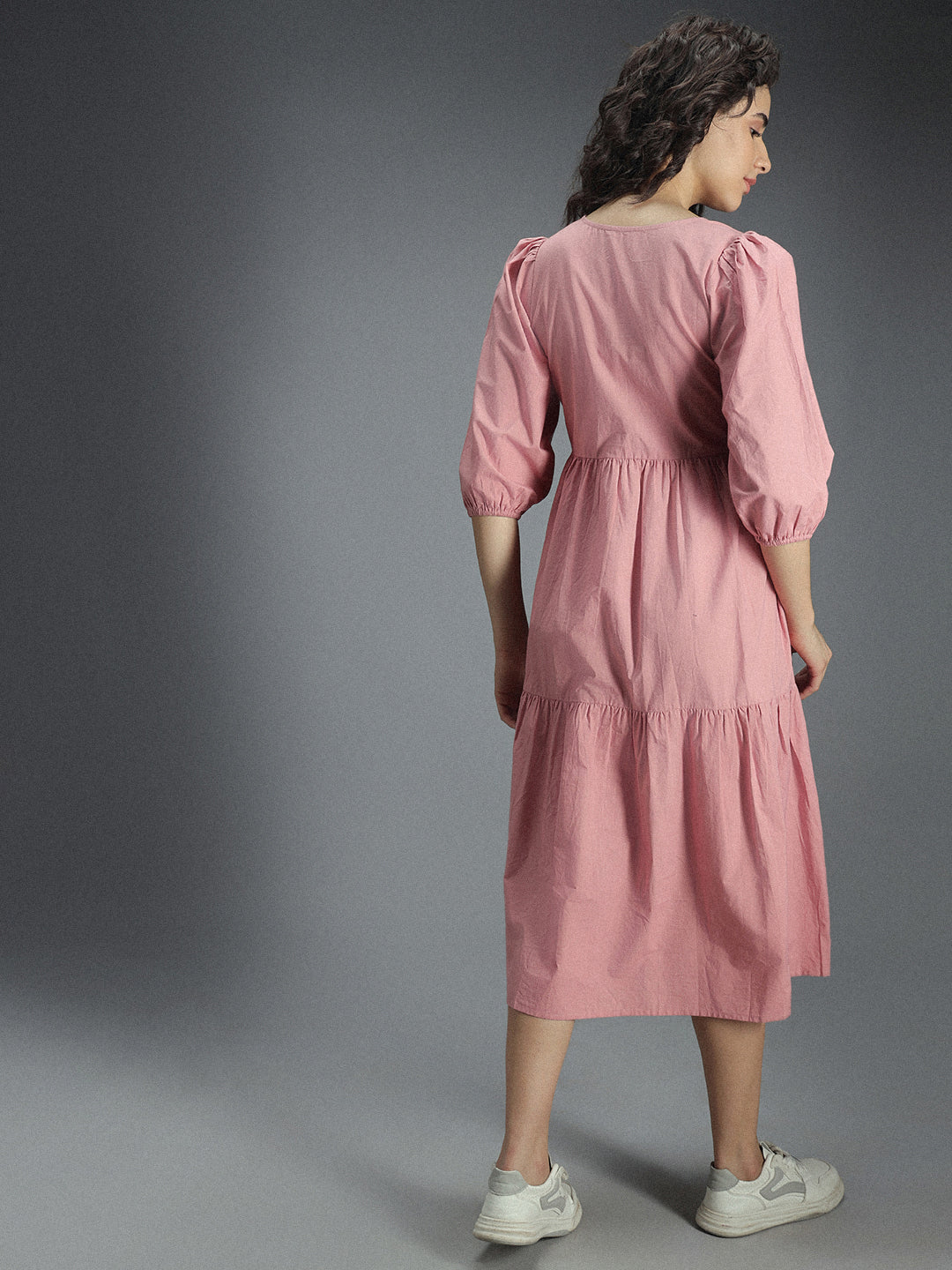 V-Neck Puff Sleeve Gathered Tiered Cotton A-Line Midi Dress