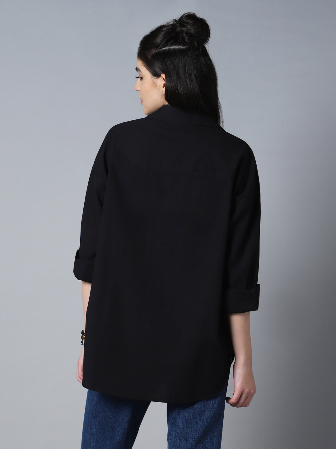 Relaxed Oversized Spread Collar Long Sleeve Cotton Longline Casual Shirt