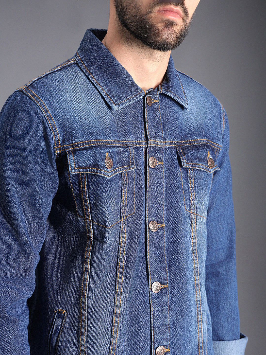 Washed Spread Collar Long Sleeves Denim Jacket