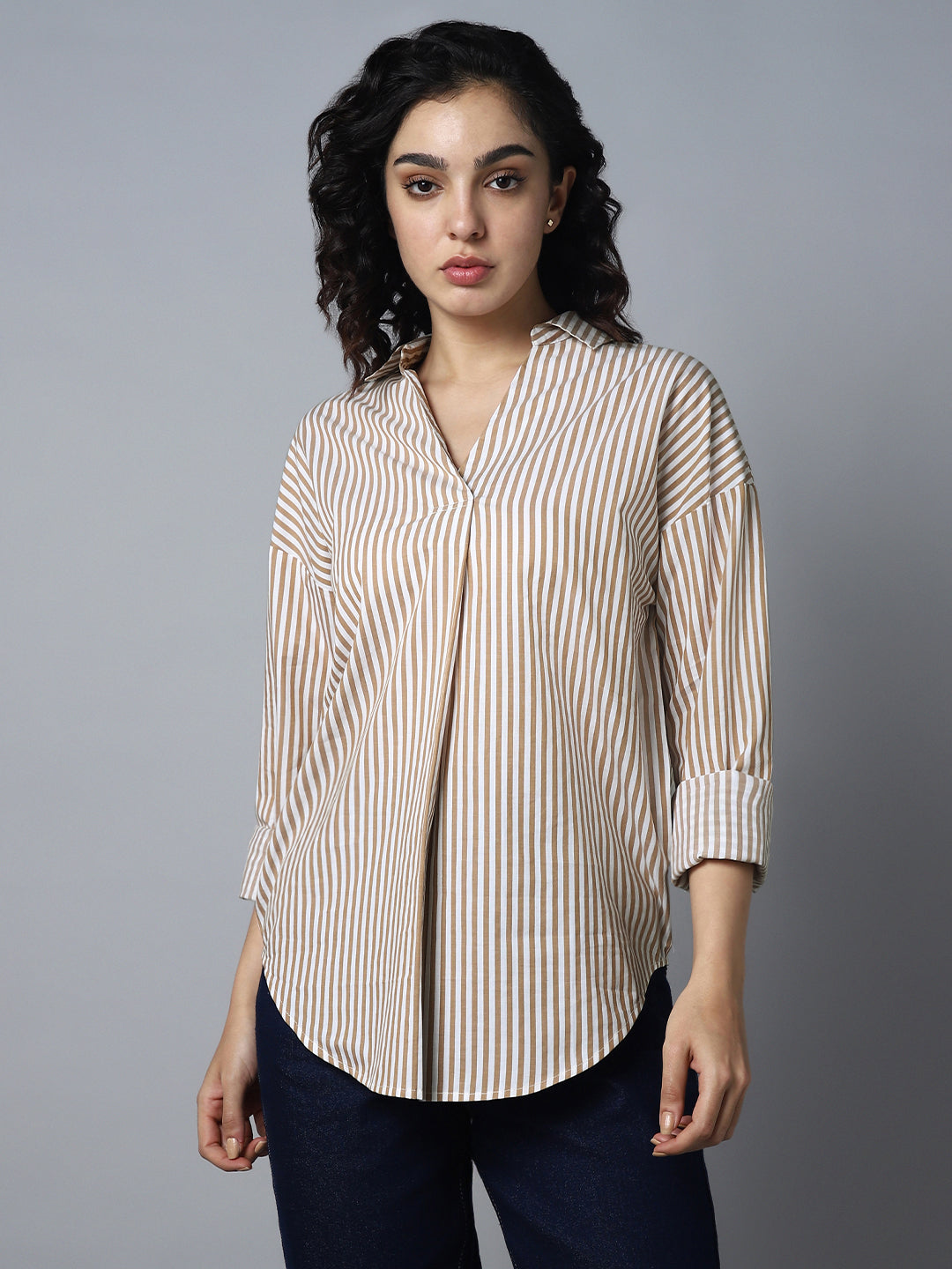 Vertical Striped Pure Cotton Shirt Style Top