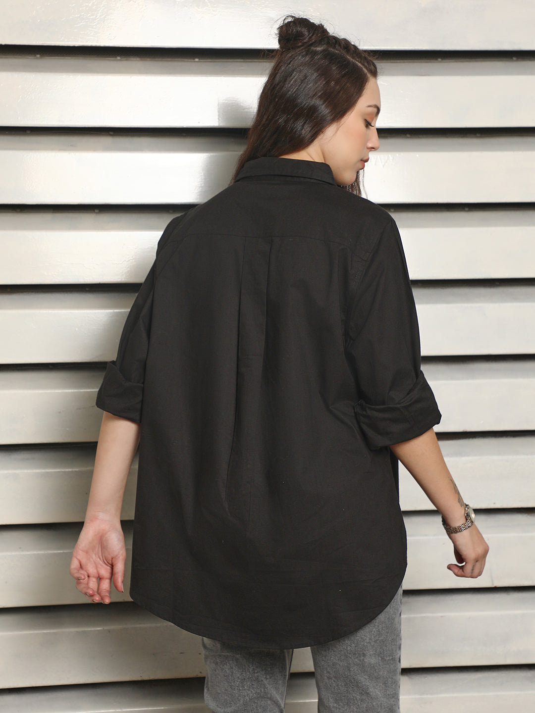 Classic Spread Collar with studs at collar Oversized Cotton Casual Shirt