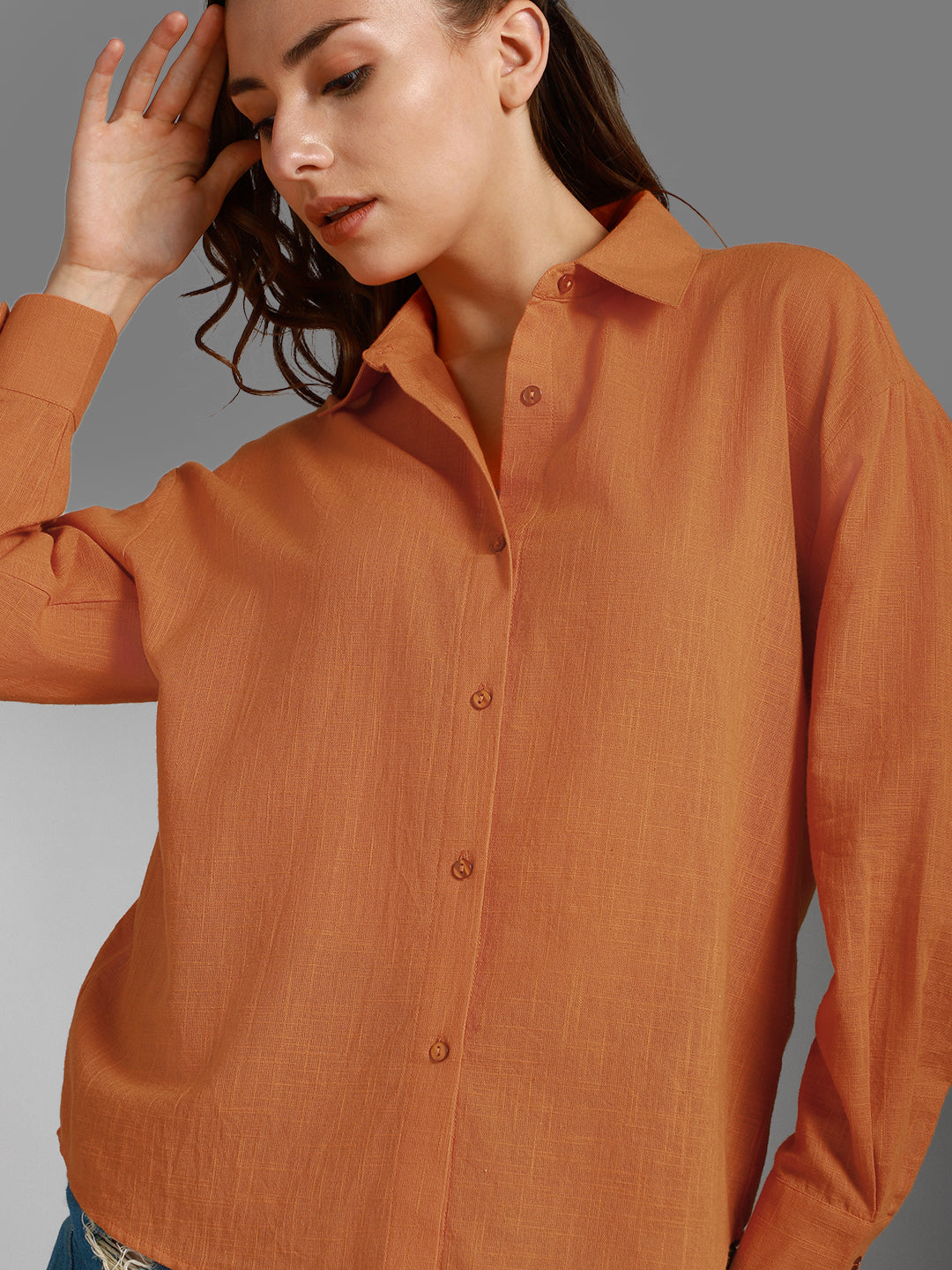 Classic Boxy Spread Collar Long Sleeves Cotton Casual Shirt