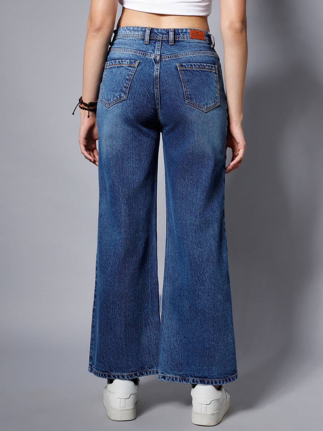 Women Wide Leg Mid-Rise Highly Distressed Light Fade Whiskers Pure Cotton Jeans