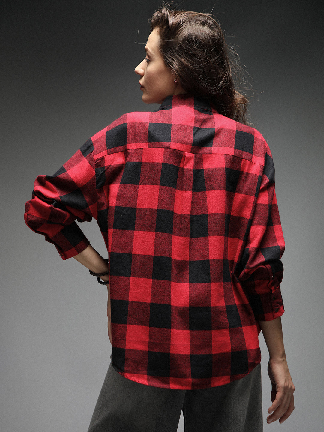 Standard Oversized Checked Spread Collar Long Sleeves Casual Shirt