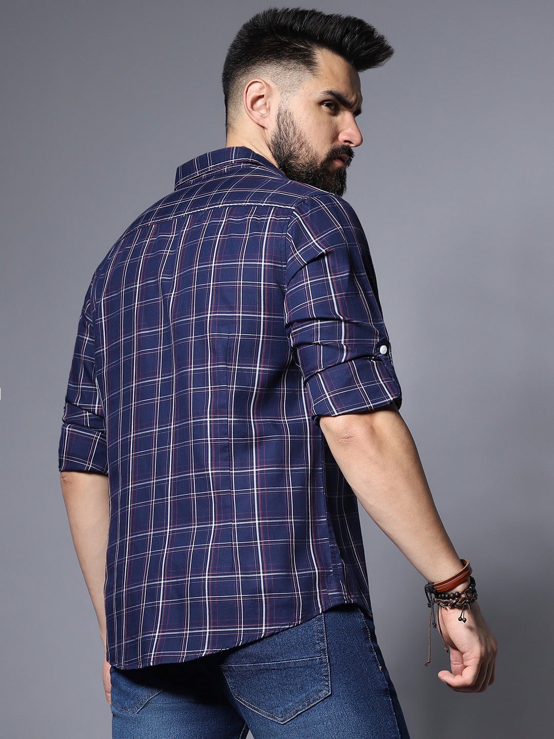 Classic Checked Roll-Up Sleeves Pure Cotton Casual Shirt