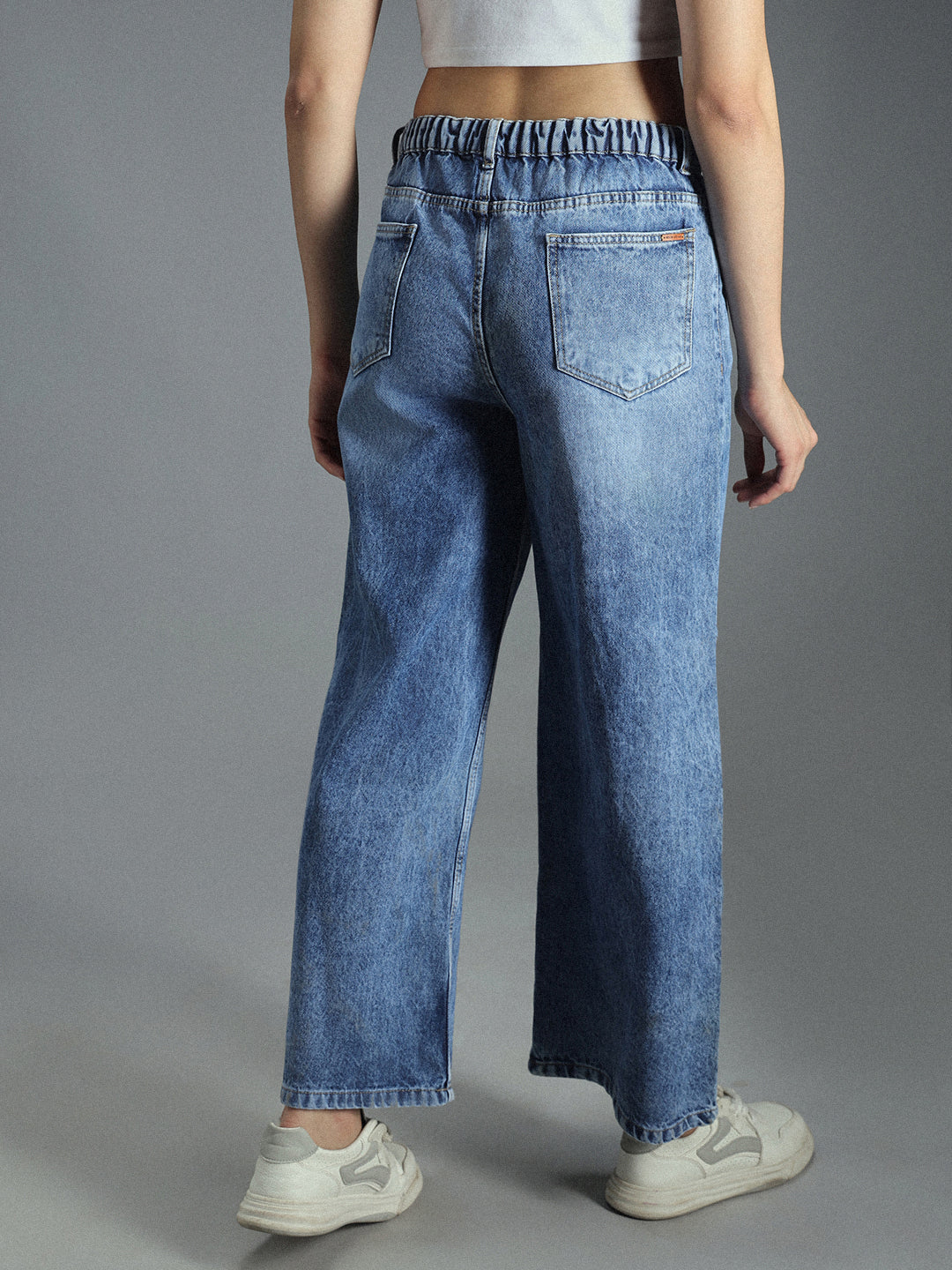 Women 90s Baggy Elasticated Waist Band Distress Cotton Jeans