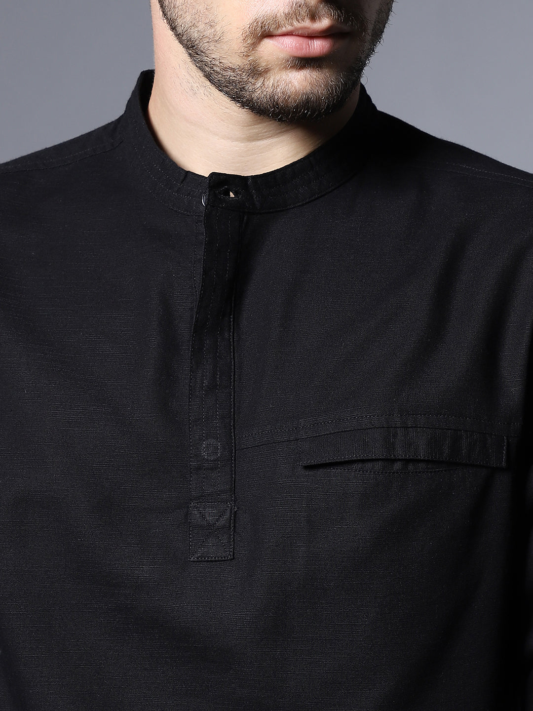 Classic Mandarin Collar Roll-Up Sleeves Pure Cotton Casual Shirt