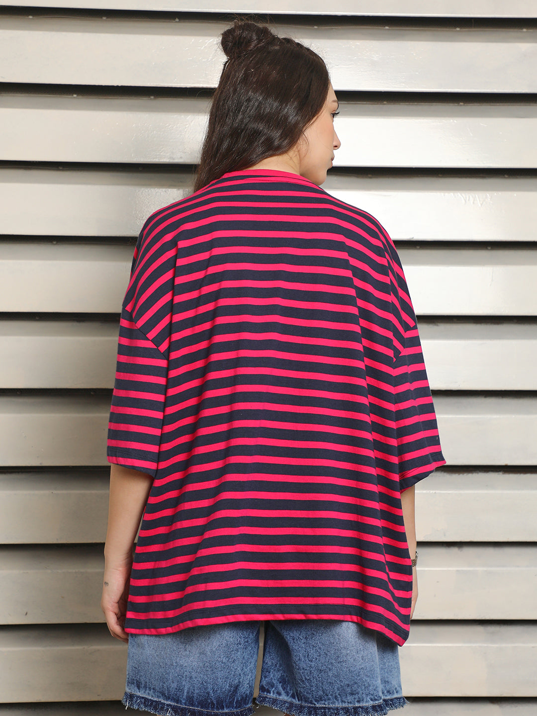 Striped Round Neck Drop-Shoulder Sleeves Cotton Oversized T-shirt